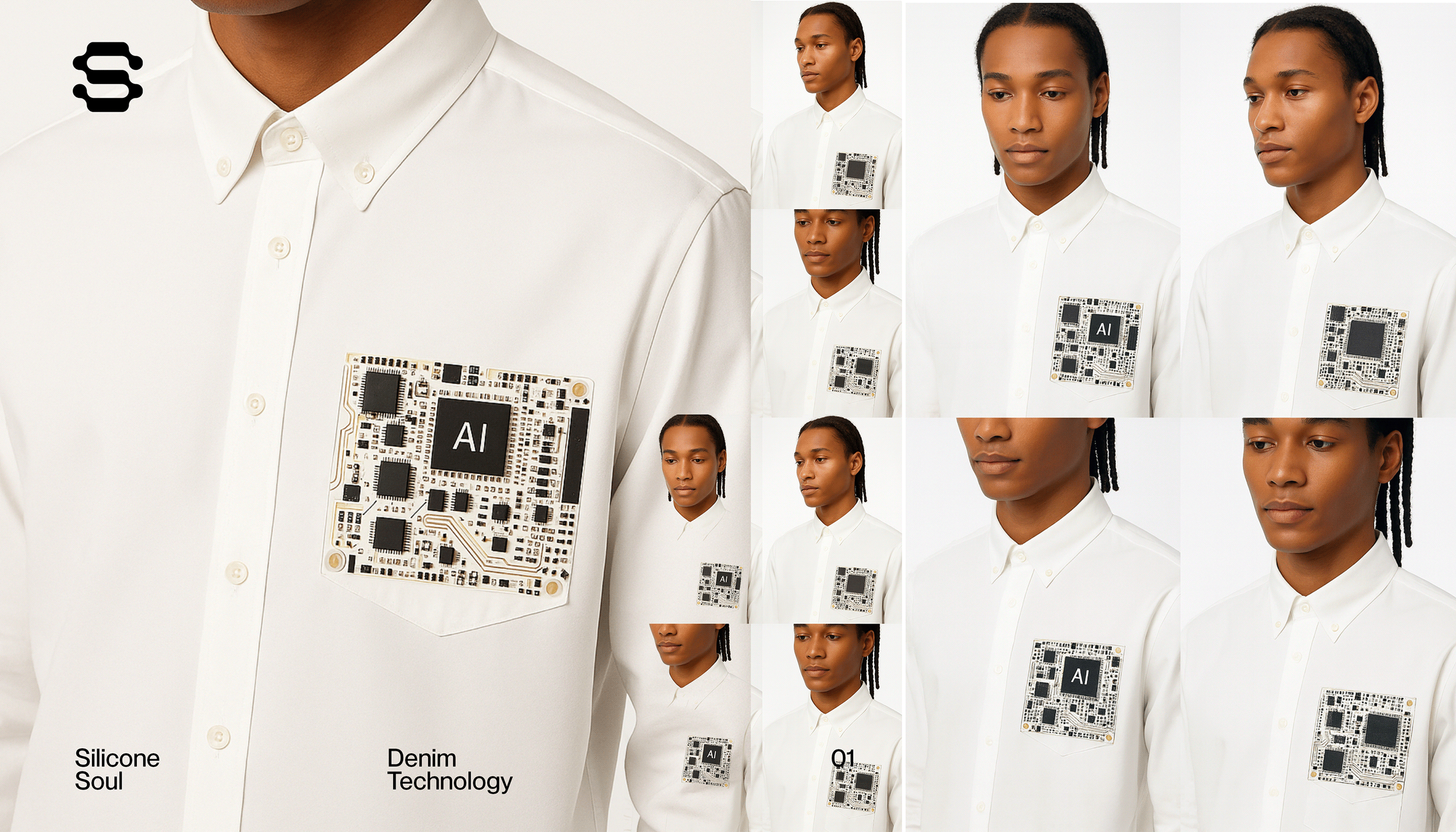Close-up of a white shirt with a circuit board patch labeled 'AI' on the pocket, part of a collage of similar shirts worn by a woman with medium skin tone and braided hair. The collage shows various angles of her looking thoughtful, with the words 'S