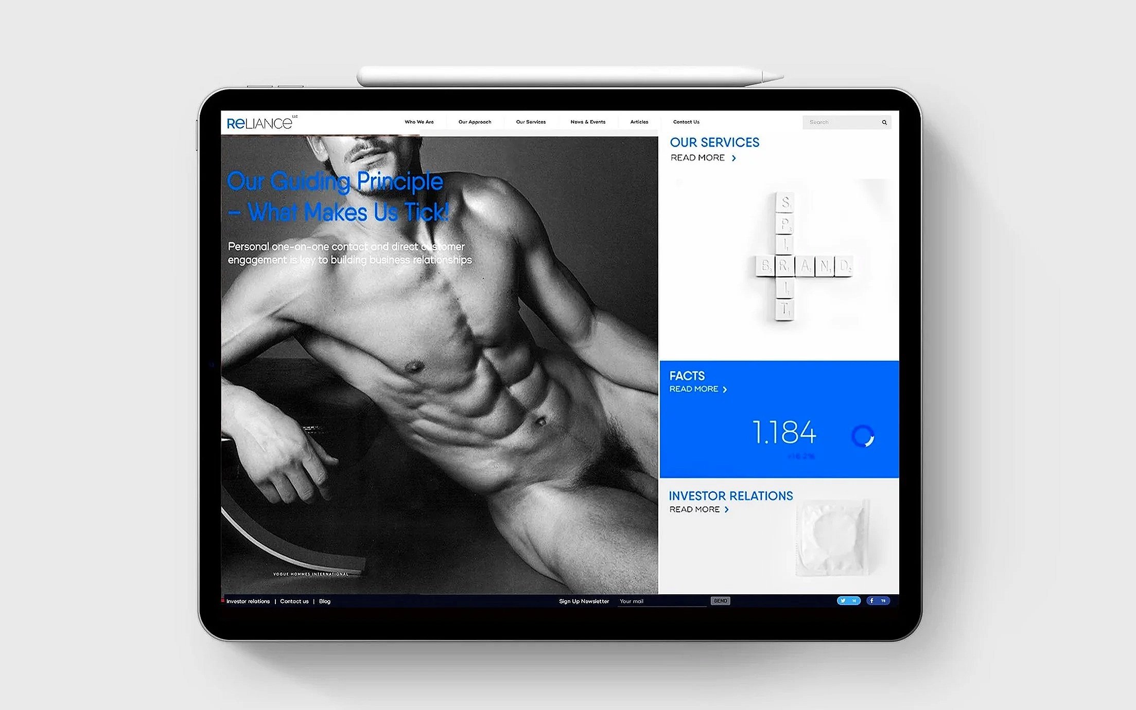 A tablet screen displaying a website with a black and white photo of a muscular man and blue text that reads 'Our Guiding Principle – What Makes Us Tick!'. The website contains sections for services, facts, investor relations, and a navigation menu a