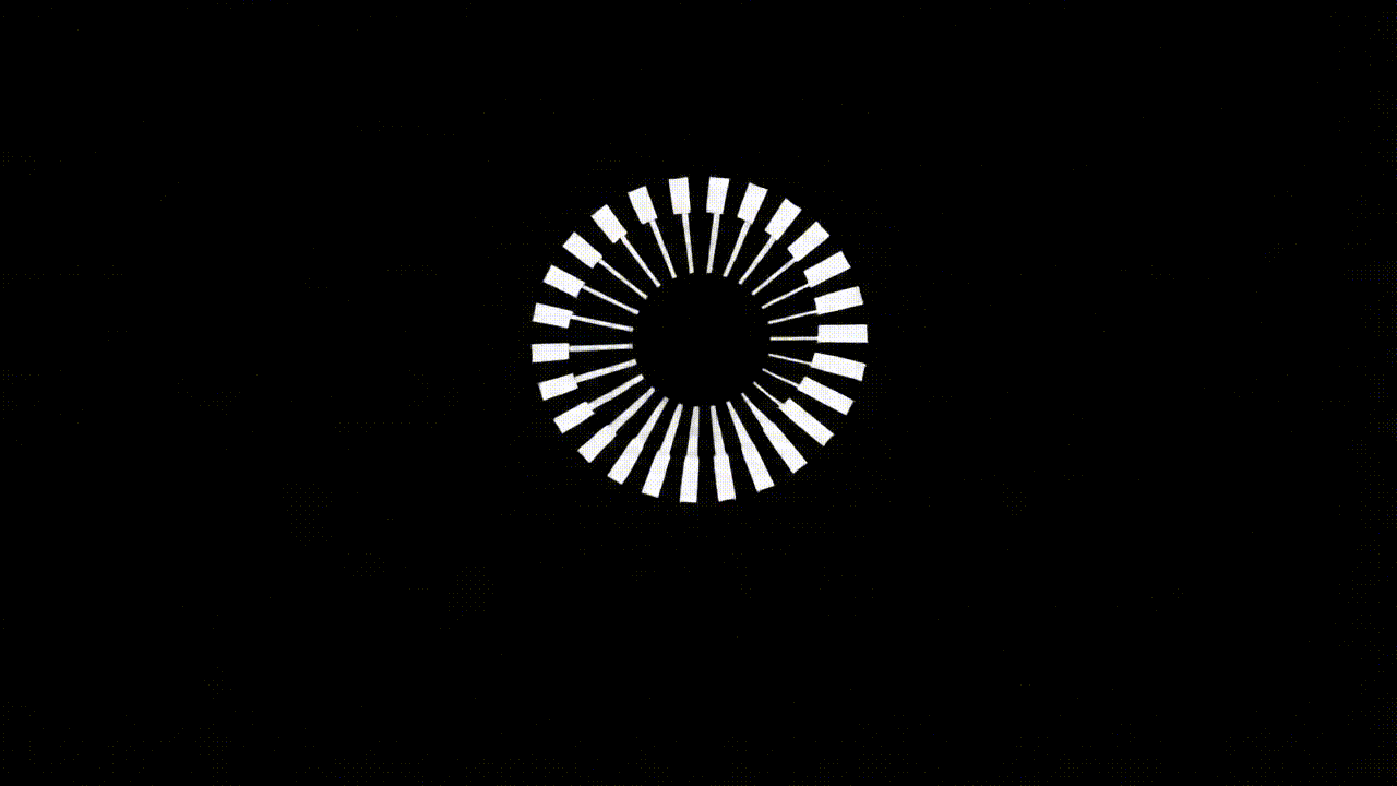 Loading spinner with white bars in a circle on a black background.