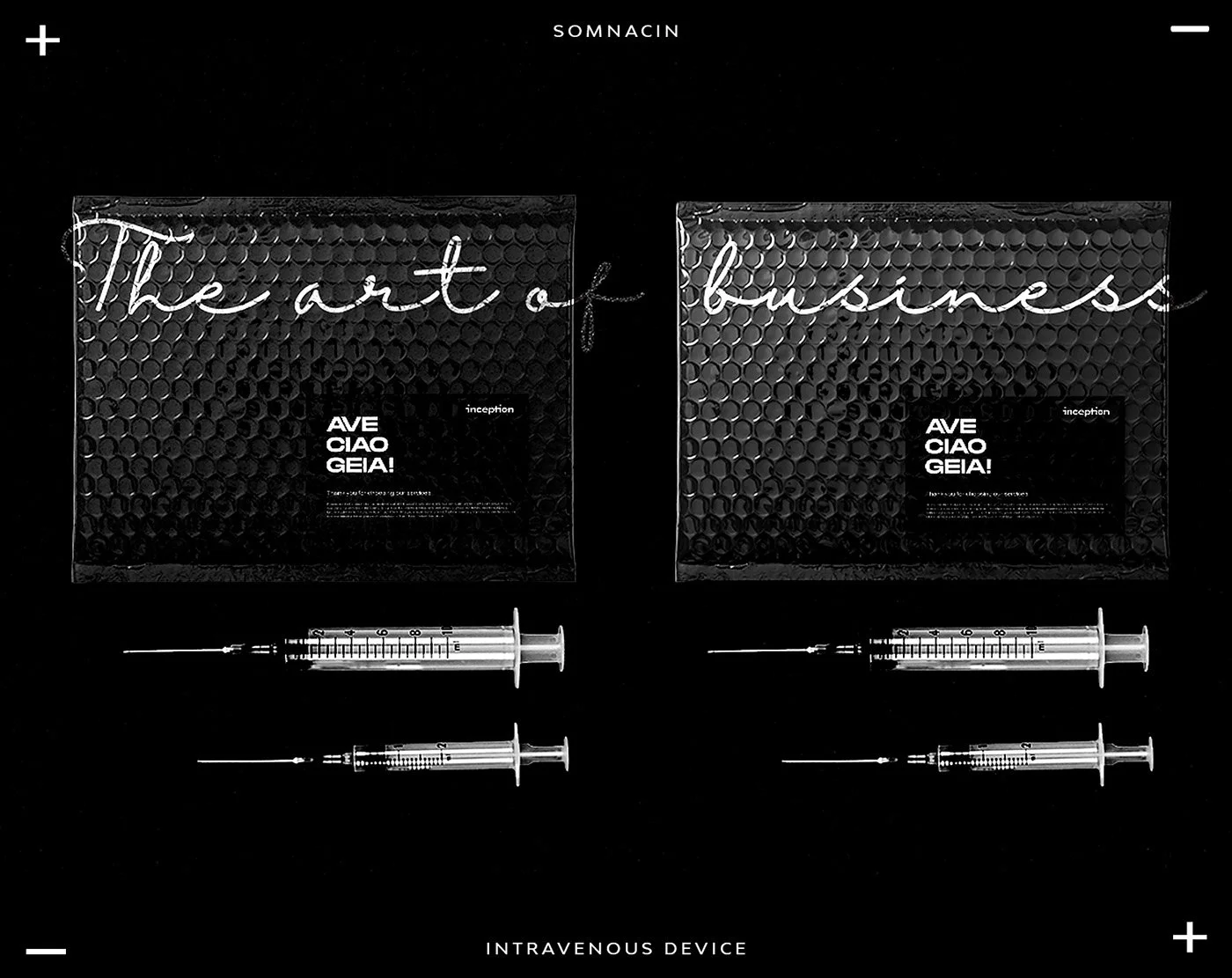 Black and white photo of two packaged medical supplies labeled 'INJECTION' and 'The art of business,' each with a syringe below them, set against a dark background.