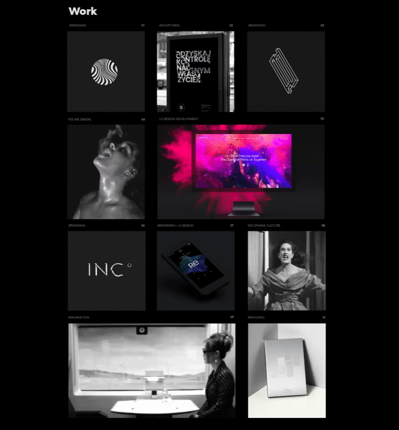 A collage of images related to work, branding, advertising, and design, including a logo, advertising sign, abstract visuals, a woman with a bokeh effect, a colorful screen, a smartphone, a woman laughing, a woman looking out a train window, and a framed graphic.