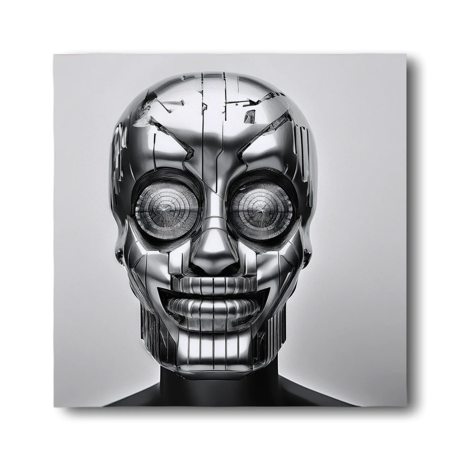 A metallic, robot-like human skull sculpture with intricate mechanical details, set against a plain background.