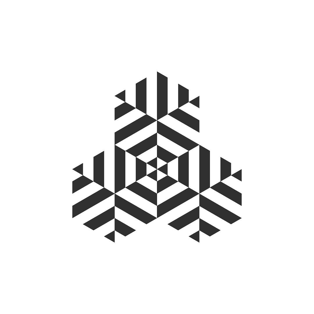 A black and white geometric snowflake pattern with symmetrical angular shapes.