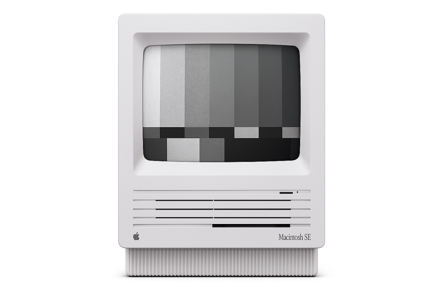 An Apple Macintosh SE computer with a grayscale test pattern on the screen.