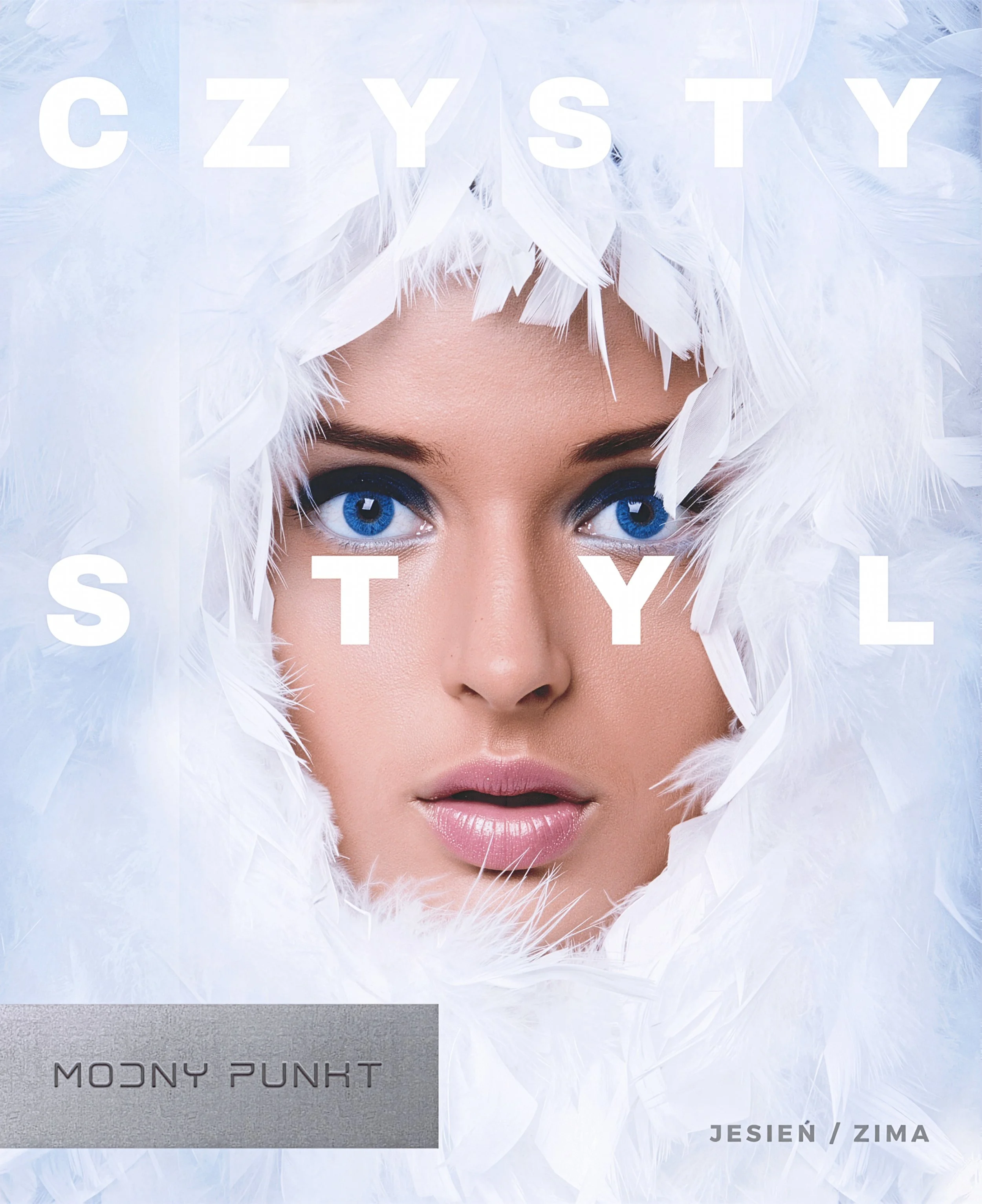 Close-up of a woman's face with bright blue eyes, surrounded by white feathers, with text overlay that reads 'CZY TYSZTYL' and 'JESIEŃ / ZIMA'.