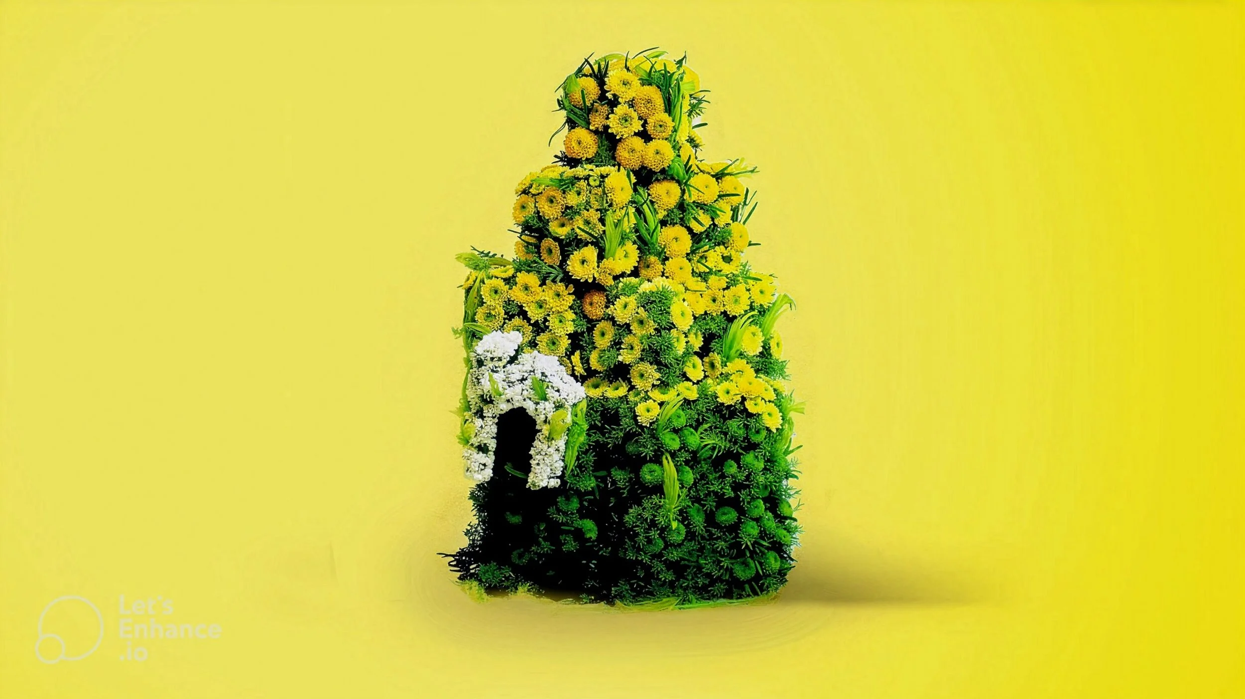 A floral arrangement shaped like a church, featuring yellow, white, and green flowers against a yellow background.