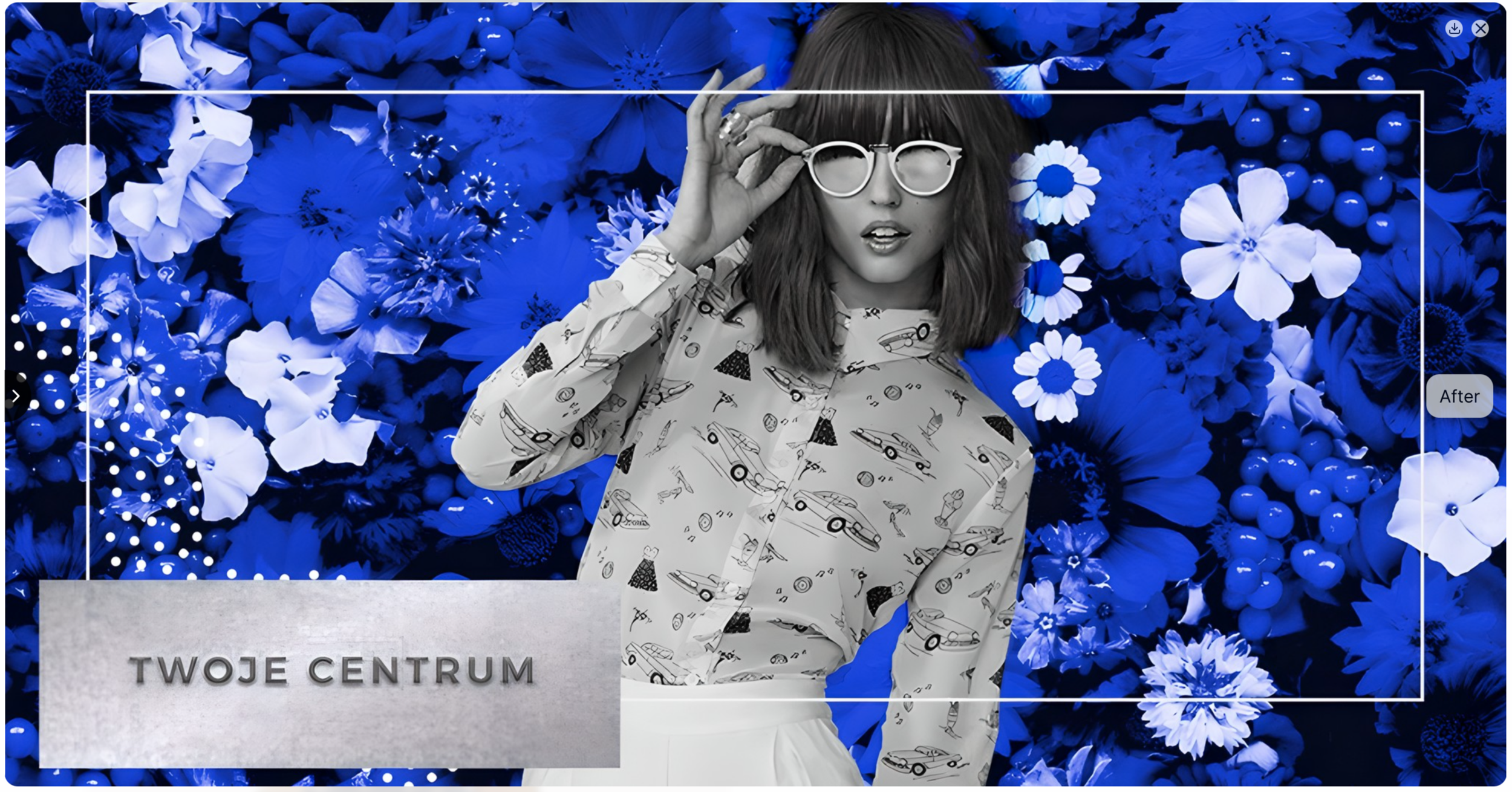 A woman wearing glasses and a patterned shirt with cars and trucks, adjusting her glasses, standing in front of a background of blue and white flowers.