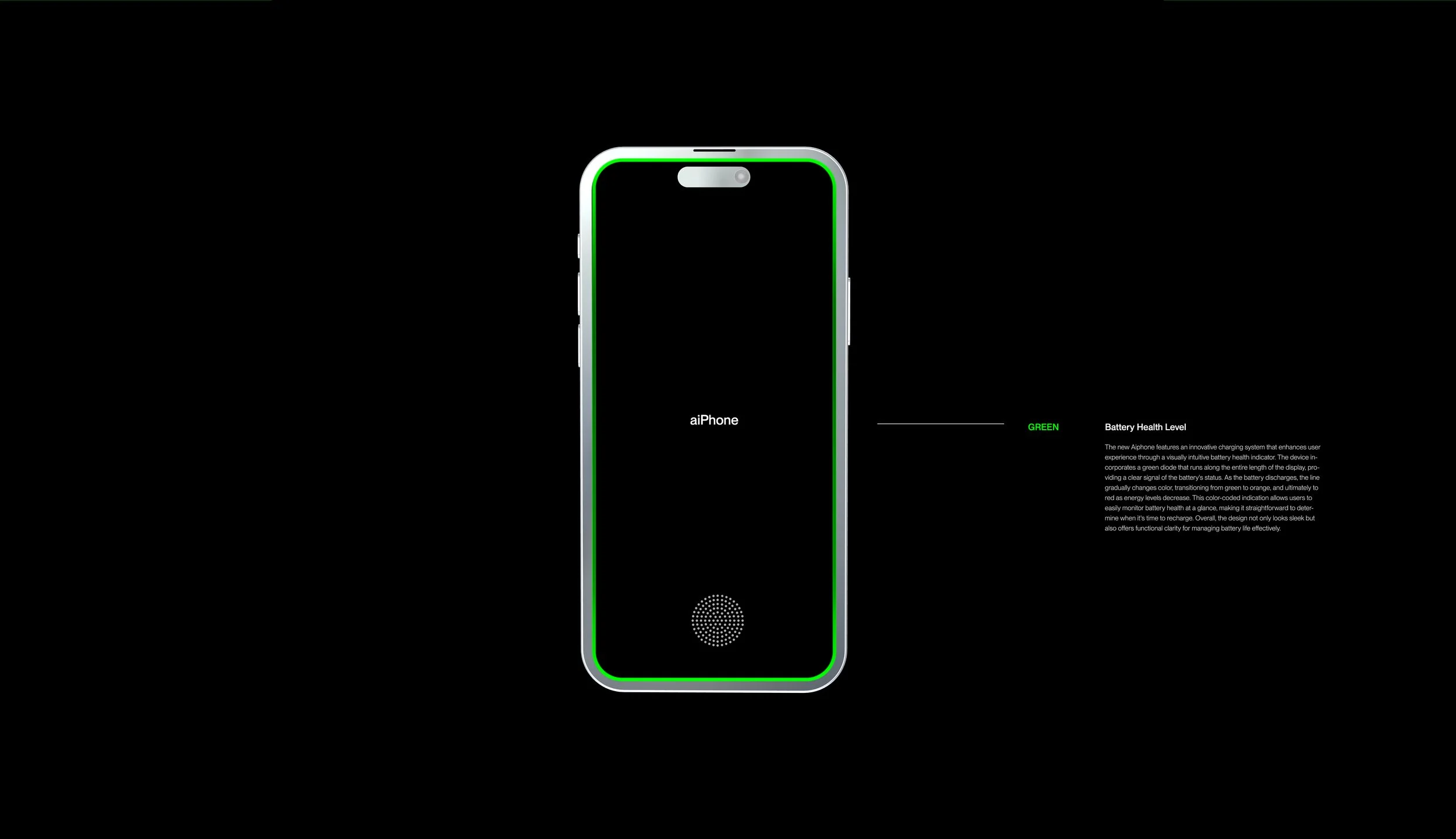 A concept image of a futuristic smartphone named aiPhone with a green battery indicator showing full charge, a central circular speaker or button, and a black background with descriptive text about the phone's battery health features.