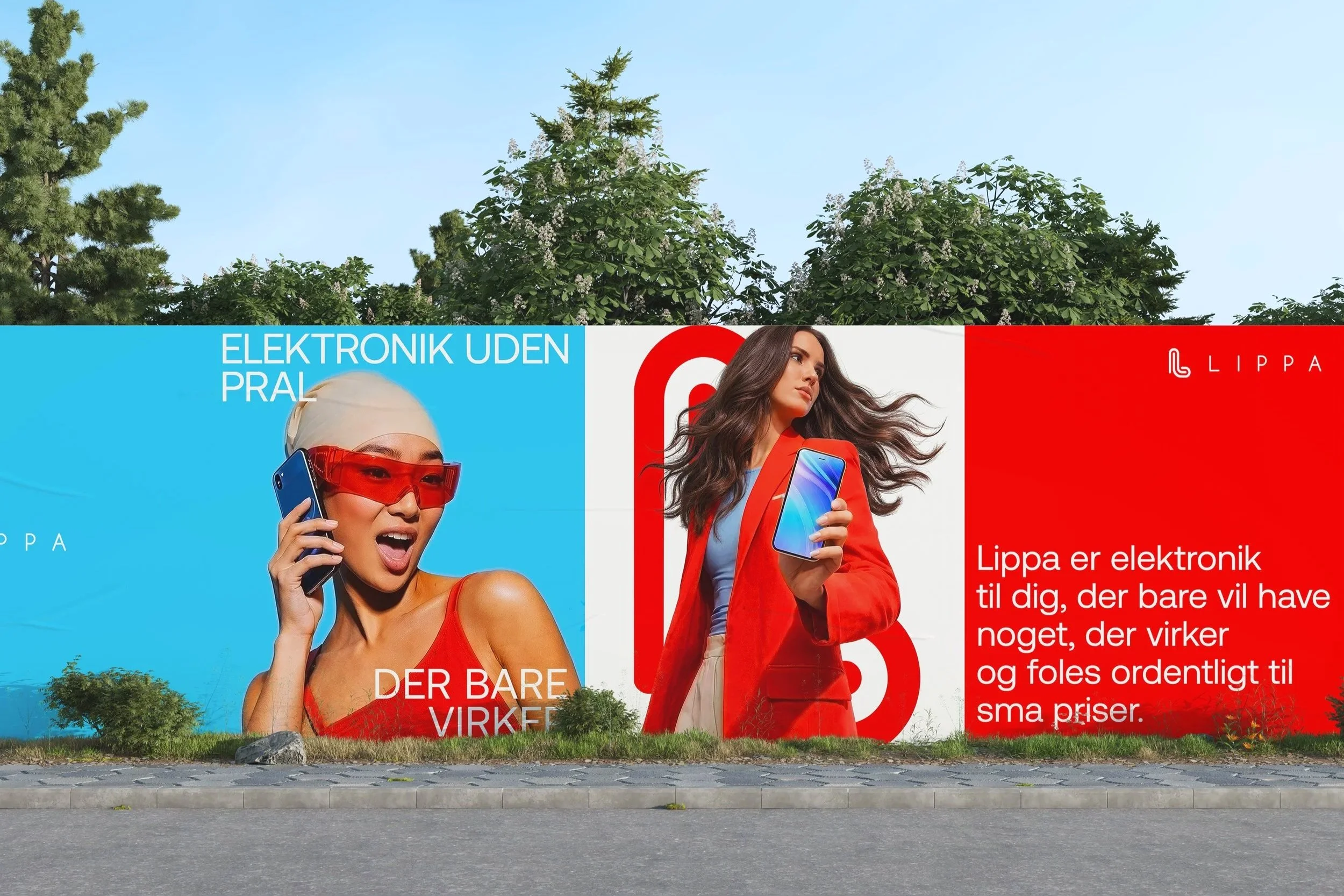 Billboard with images of two women holding smartphones. One woman wears red sunglasses and a beige head covering, while the other has long brown hair and is dressed in red. The billboard features text in Norwegian about electronics.
