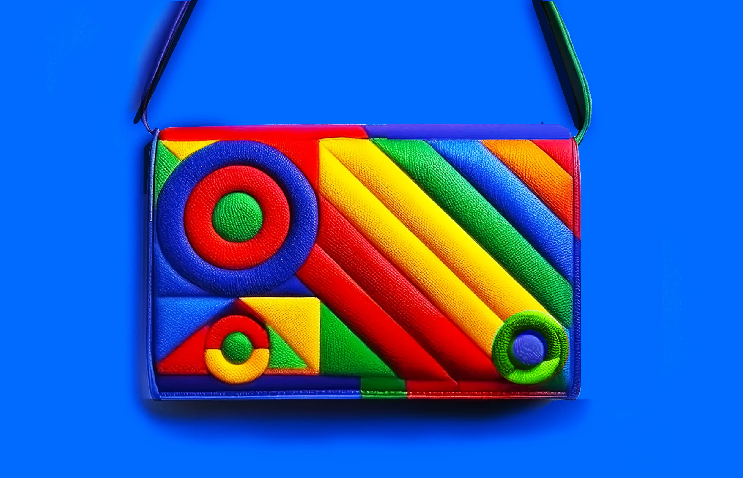 Colorful geometric puzzle with various shapes and bright rainbow colors on a blue background.