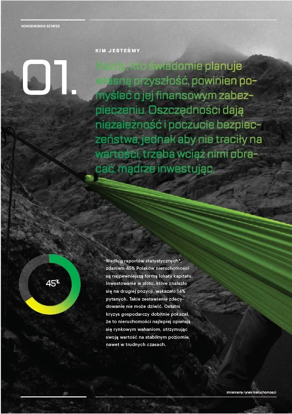 Infographic about real estate investment, showing a green hammock on a rocky landscape, with a pie chart indicating 45% and text in Polish.