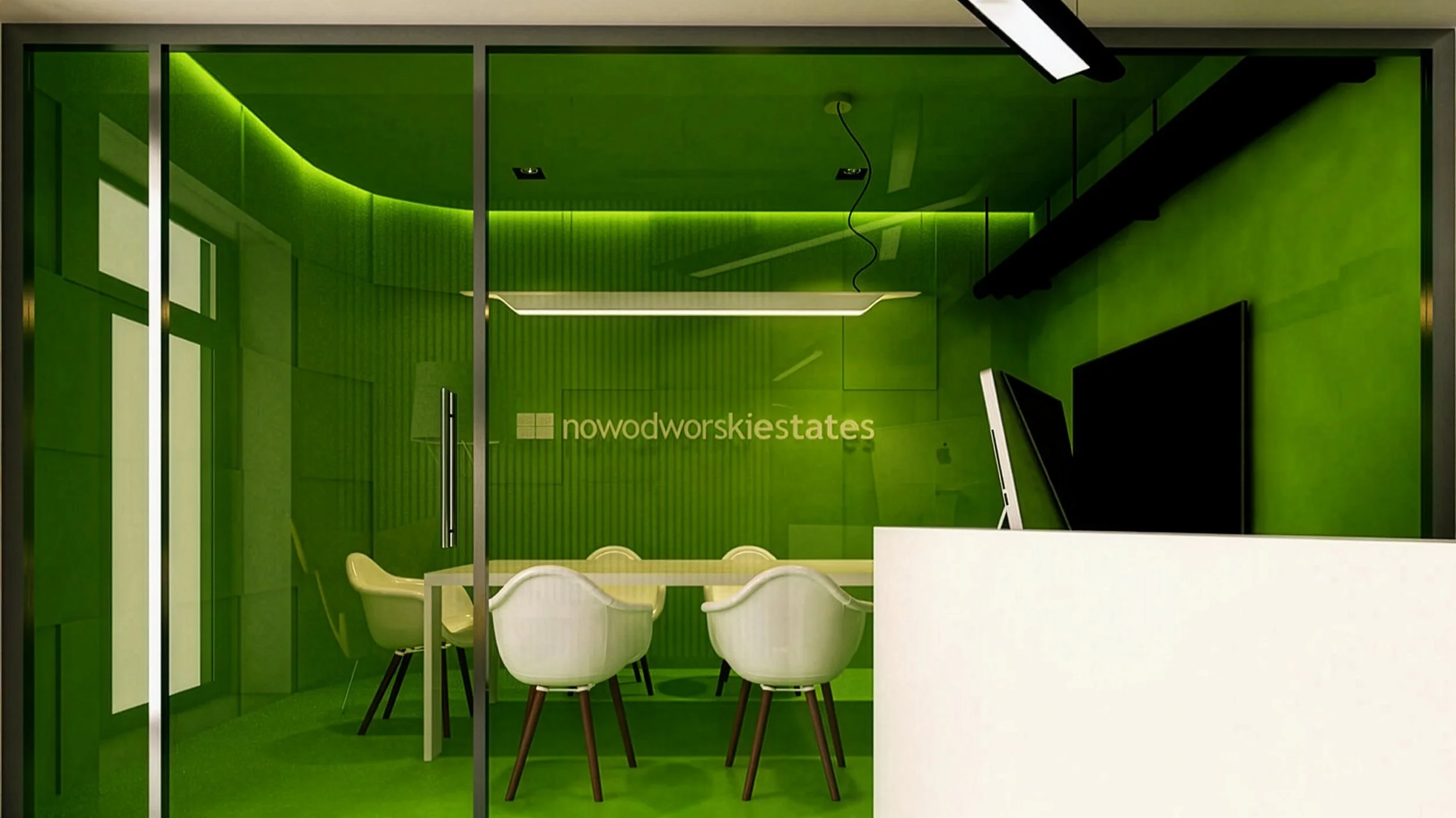 Interior of a bright green real estate office with modern furniture and a glass wall displaying the logo 'nowodworskie estates'.
