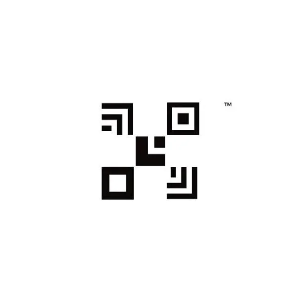 Black and white abstract QR code-like design with geometric shapes on a white background.