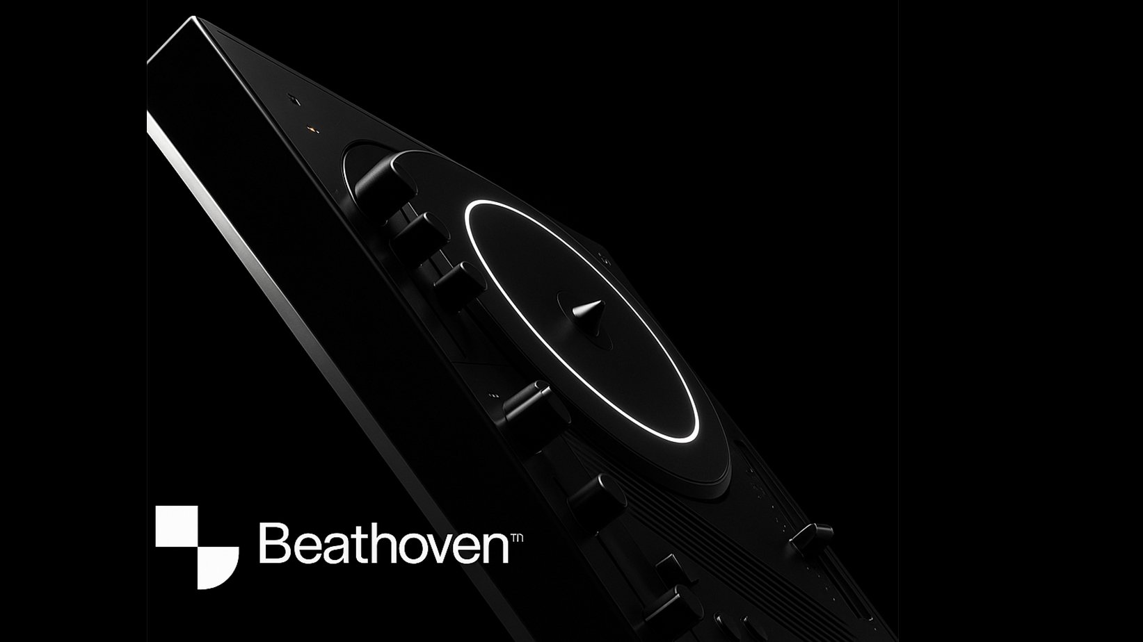 A black DJ controller with illuminated circular features and multiple knobs, set against a dark background with the Beethoven logo in the bottom left corner.