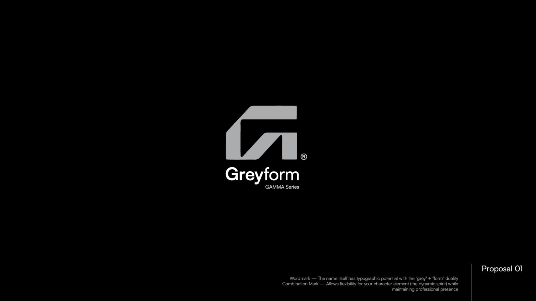 Grayform logo with a stylized gray 'G' and the words 'Grayform GAMMA Series' below it, set against a black background. Text in the bottom right corner reads 'Proposal 01' with additional descriptive text.
