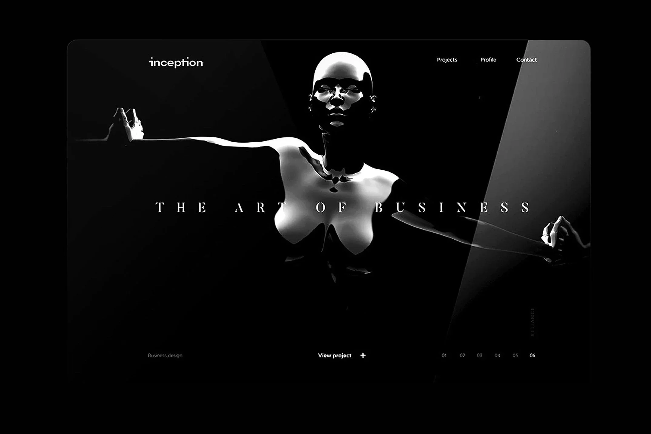 A sleek black and white website homepage featuring a futuristic digital portrait of a person with a robotic face, with navigation links to Projects, Profile, and Contact, and the phrase "The Art of Business".