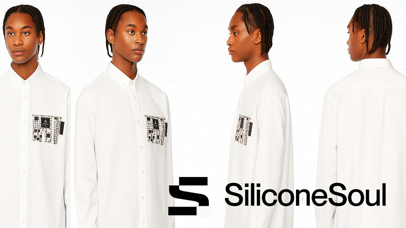 Four women wearing white shirts with a tech-themed pocket design, standing in profile and facing different directions, with the SilconeSoul logo at the bottom.