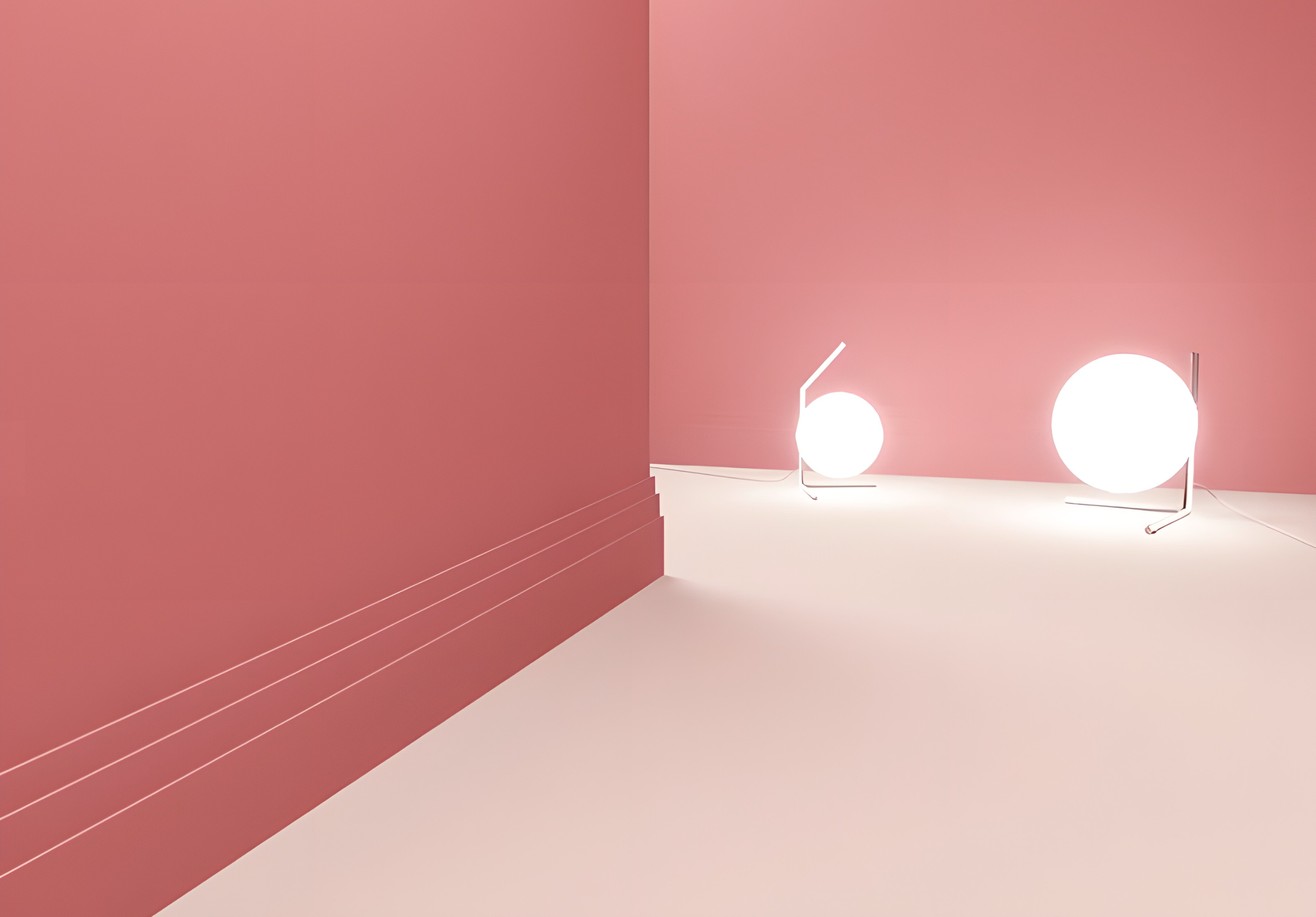 Two modern floor lamps with spherical white shades and thin stands are placed on a pink floor against pink walls, creating a minimalistic aesthetic.