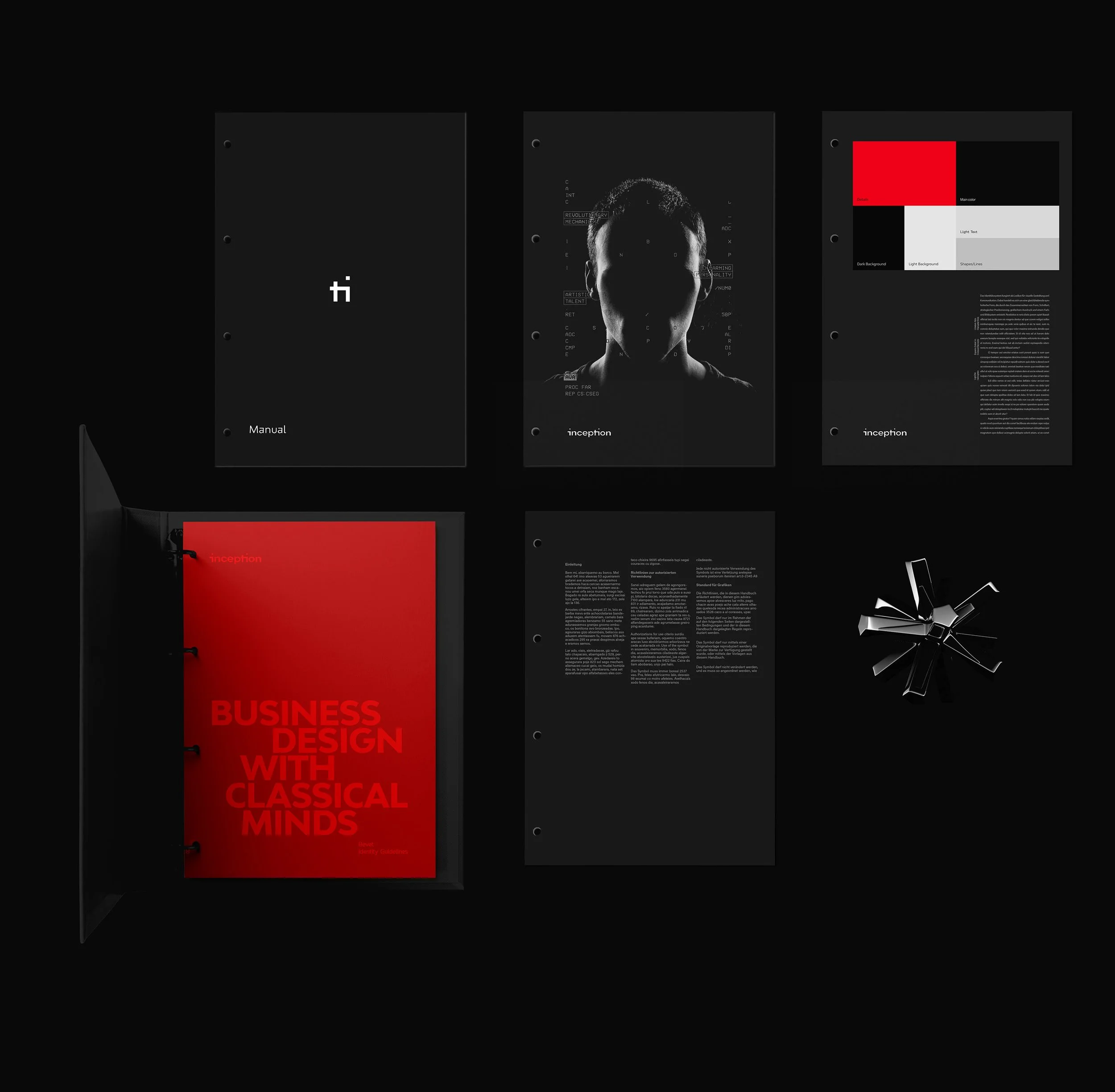 Open black folder with three closed folders inside, each with different covers. The left folder has a plain black cover with a white symbol in the center and the word 'Manual' at the bottom. The middle folder features a grayscale image of a person's head with digital overlays and the word 'inception' at the bottom. The right folder displays a grayscale page with the title 'BUSINESS DESIGN WITH CLASSICAL MINDS' in red, a red rectangle, and various blocks of text, including a color-coded chart with red, black, and white sections.