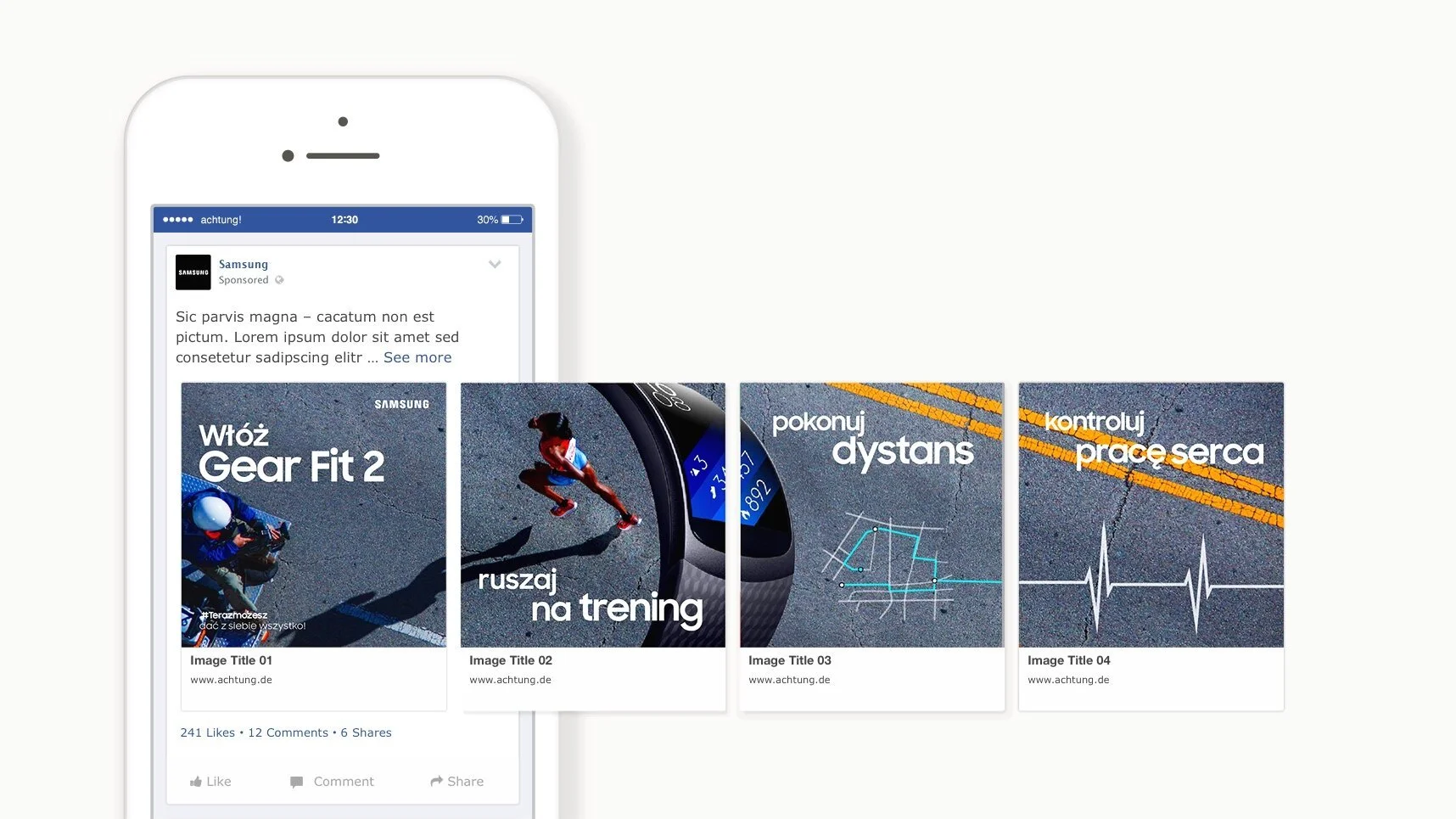 A smartphone displaying a Facebook ad for Samsung fitness watch and four related images promoting fitness activities and heart rate monitoring.