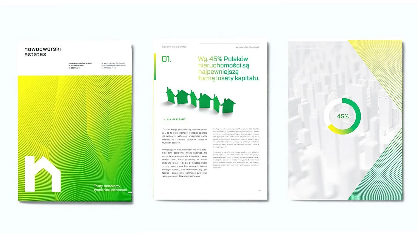 Three pages of a real estate brochure with green and yellow design and text, featuring graphs, a cityscape, and a house icon.