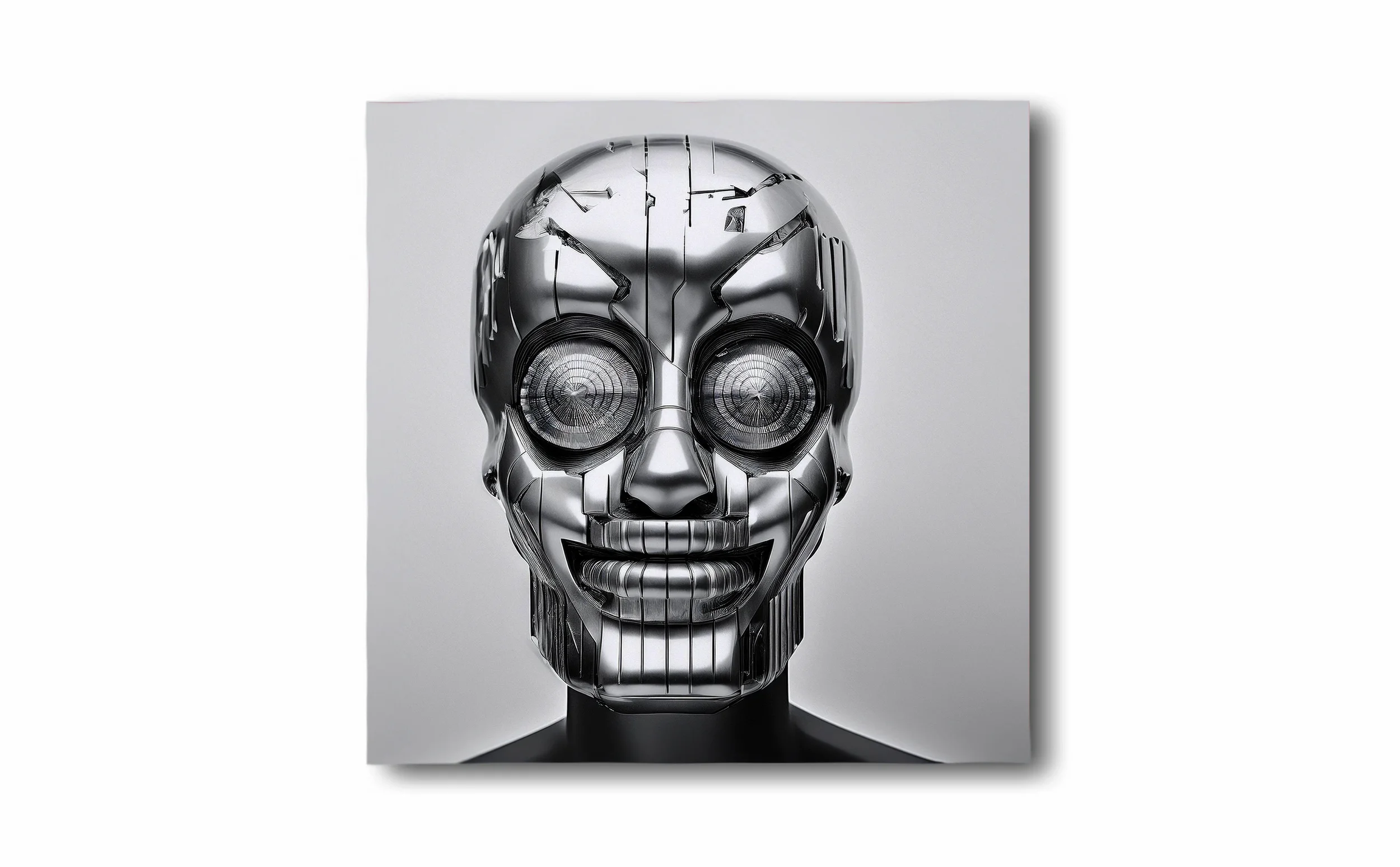 A black and white poster featuring a mechanical, robotic human skull with intricate details and circular eye designs, mounted on a stand against a white background.