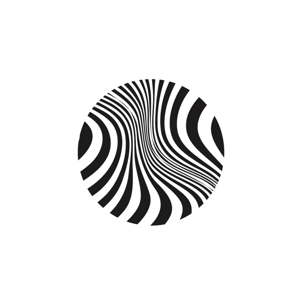 Black and white circular optical illusion pattern with swirling lines creating a distorted sphere shape.