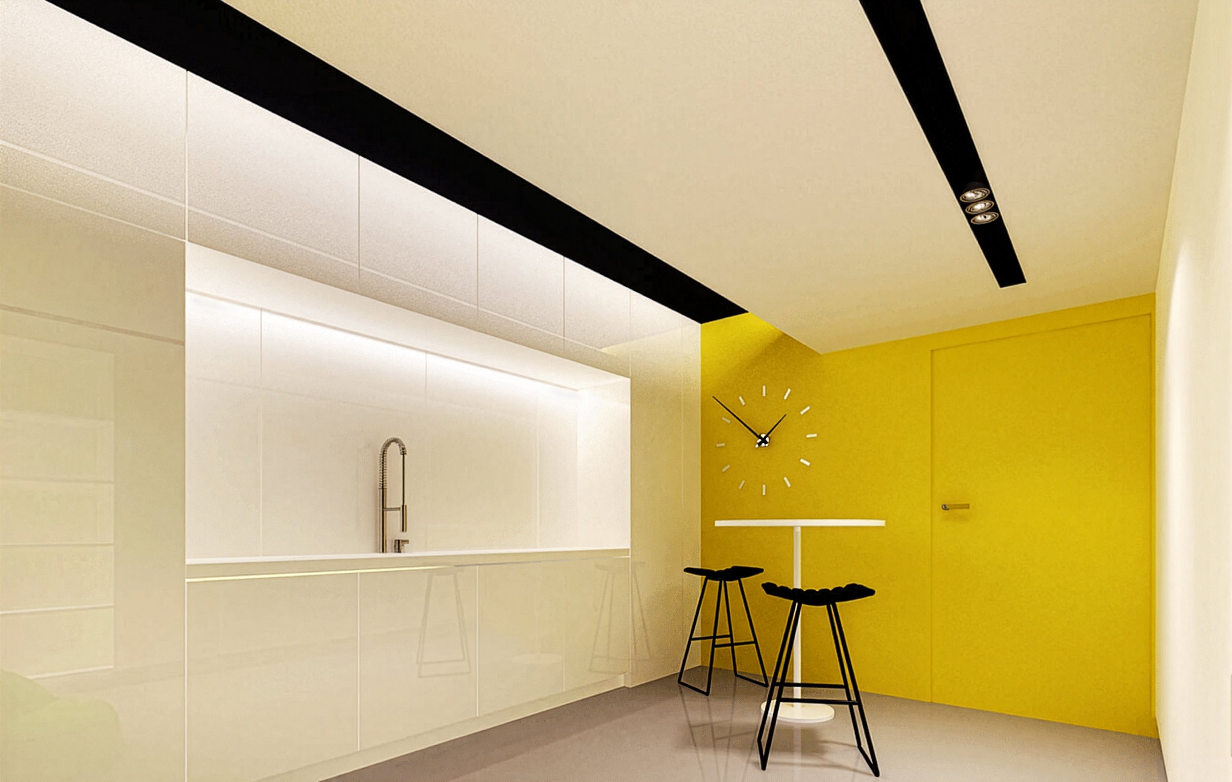 Modern interior space with yellow wall, white tiles, black chairs, clock on yellow wall, black ceiling stripes with lights.