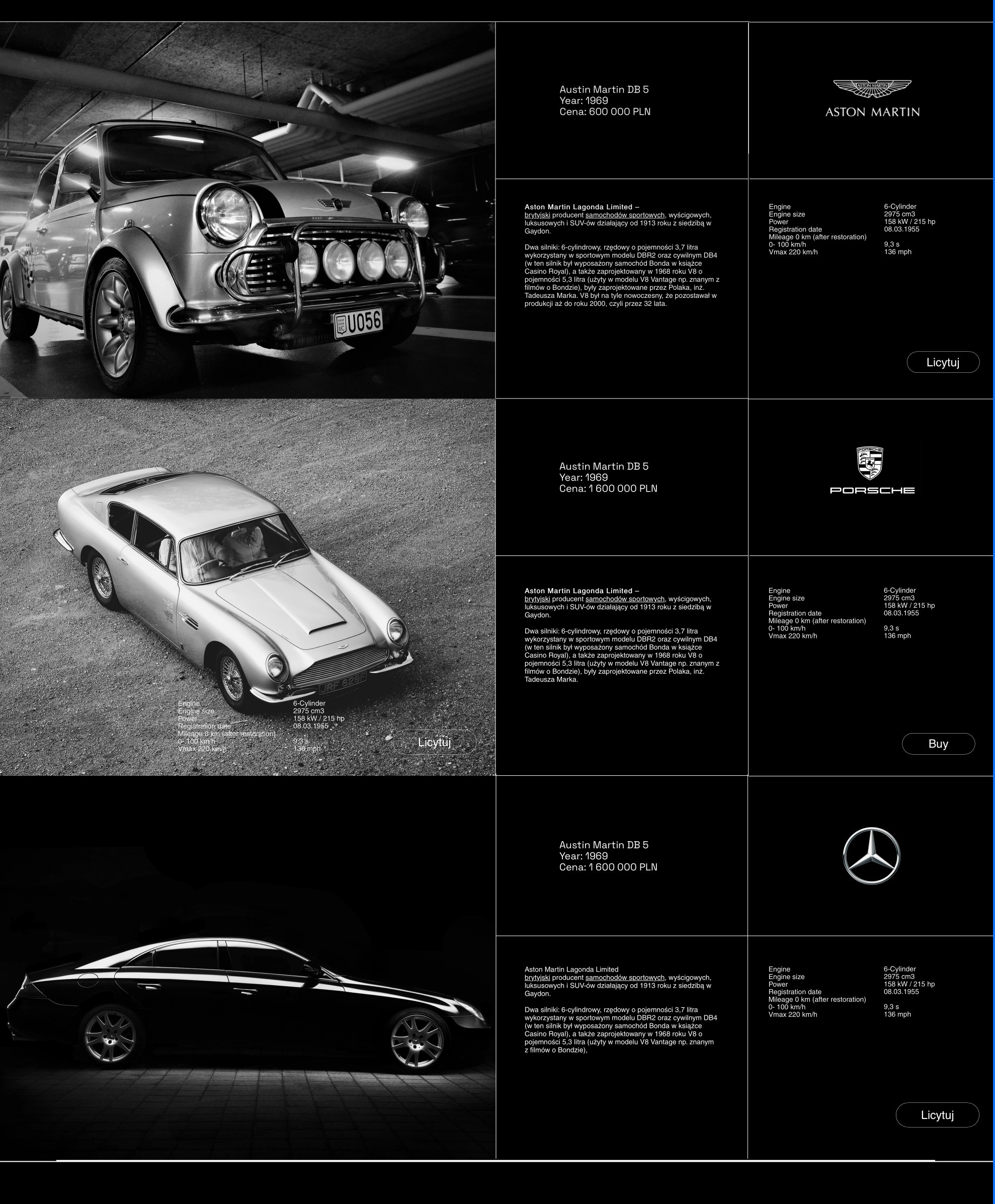 Black and white collage of classic luxury cars, including a 1969 Aston Martin DB5 and a Porsche with detailed specifications and prices in Polish zloty, displayed in a modern showroom environment.