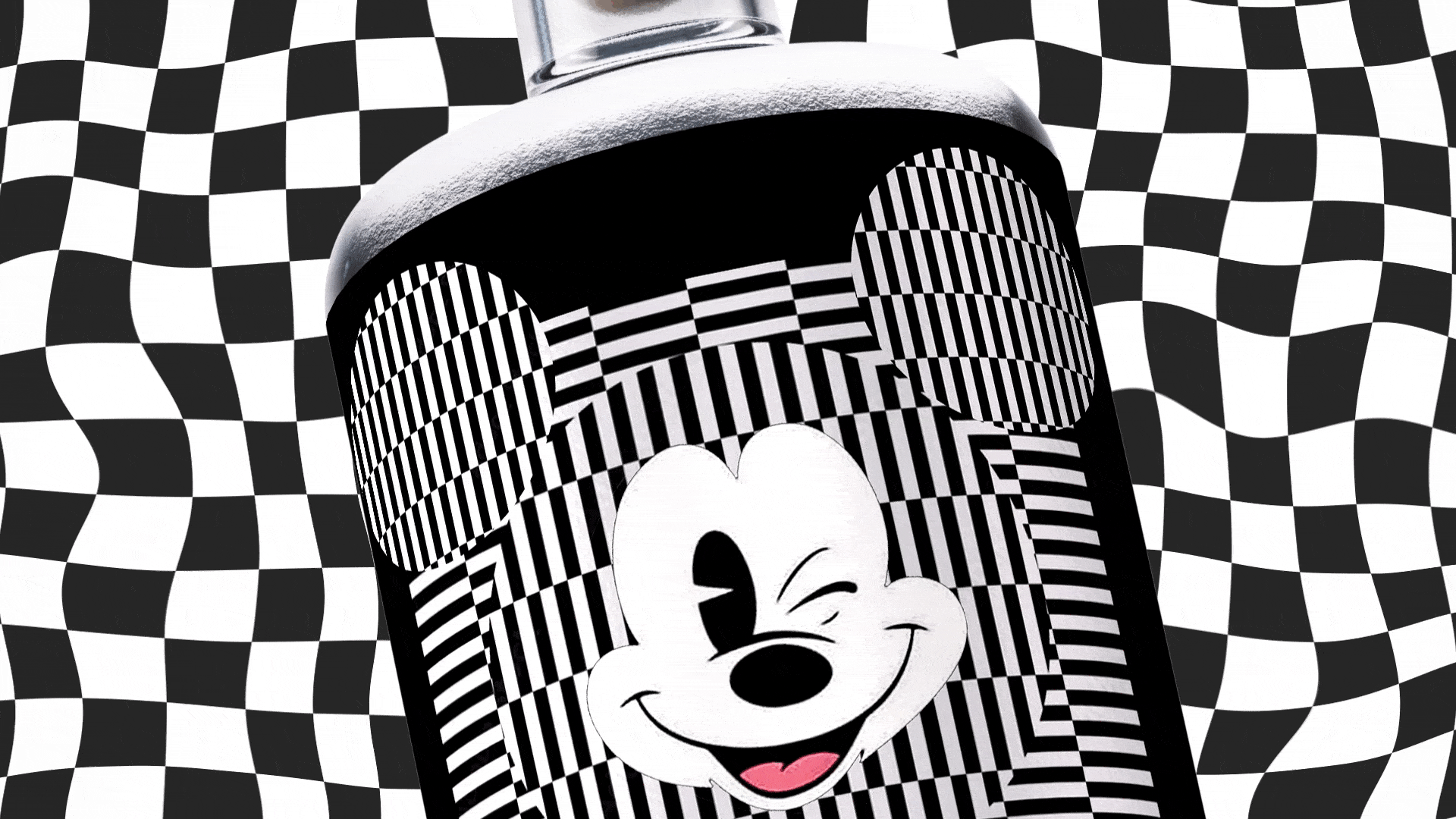A black and white container featuring a smiling Mickey Mouse face design, set against a checkered black and white background.