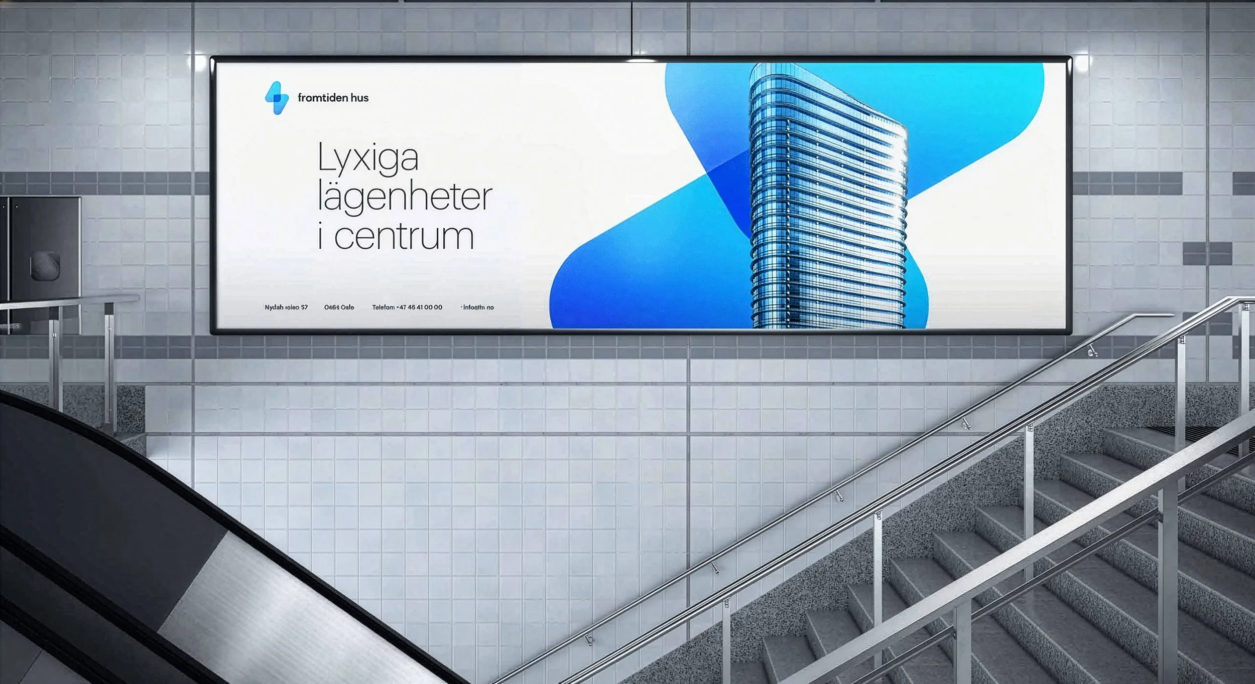 Large advertisement billboard inside a subway station featuring a modern glass skyscraper building. The advertisement is in Swedish.