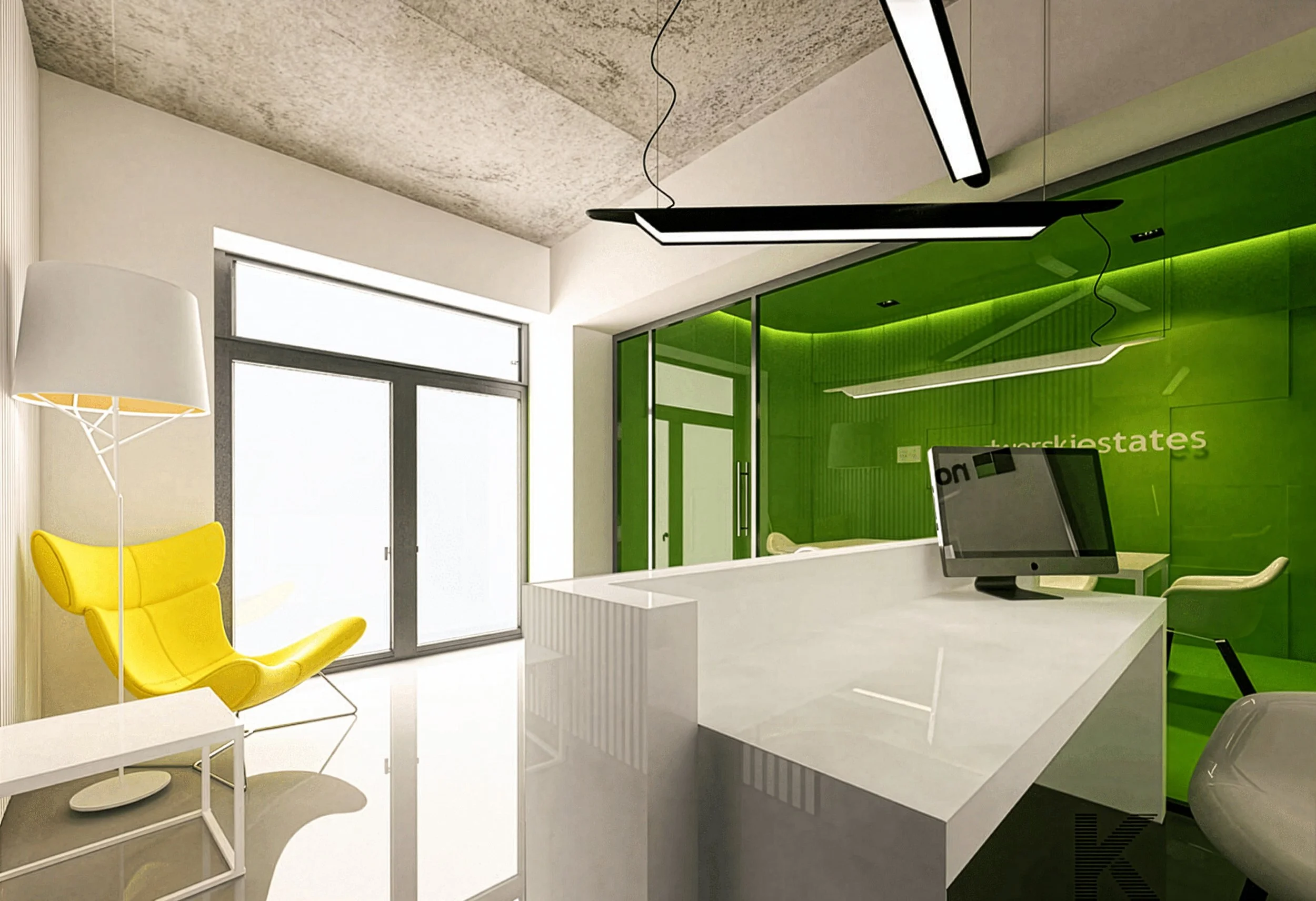 Modern office reception area with a white counter, a green wall with the text 'takestates', a computer, yellow chairs, a white floor lamp, and large windows letting in natural light.