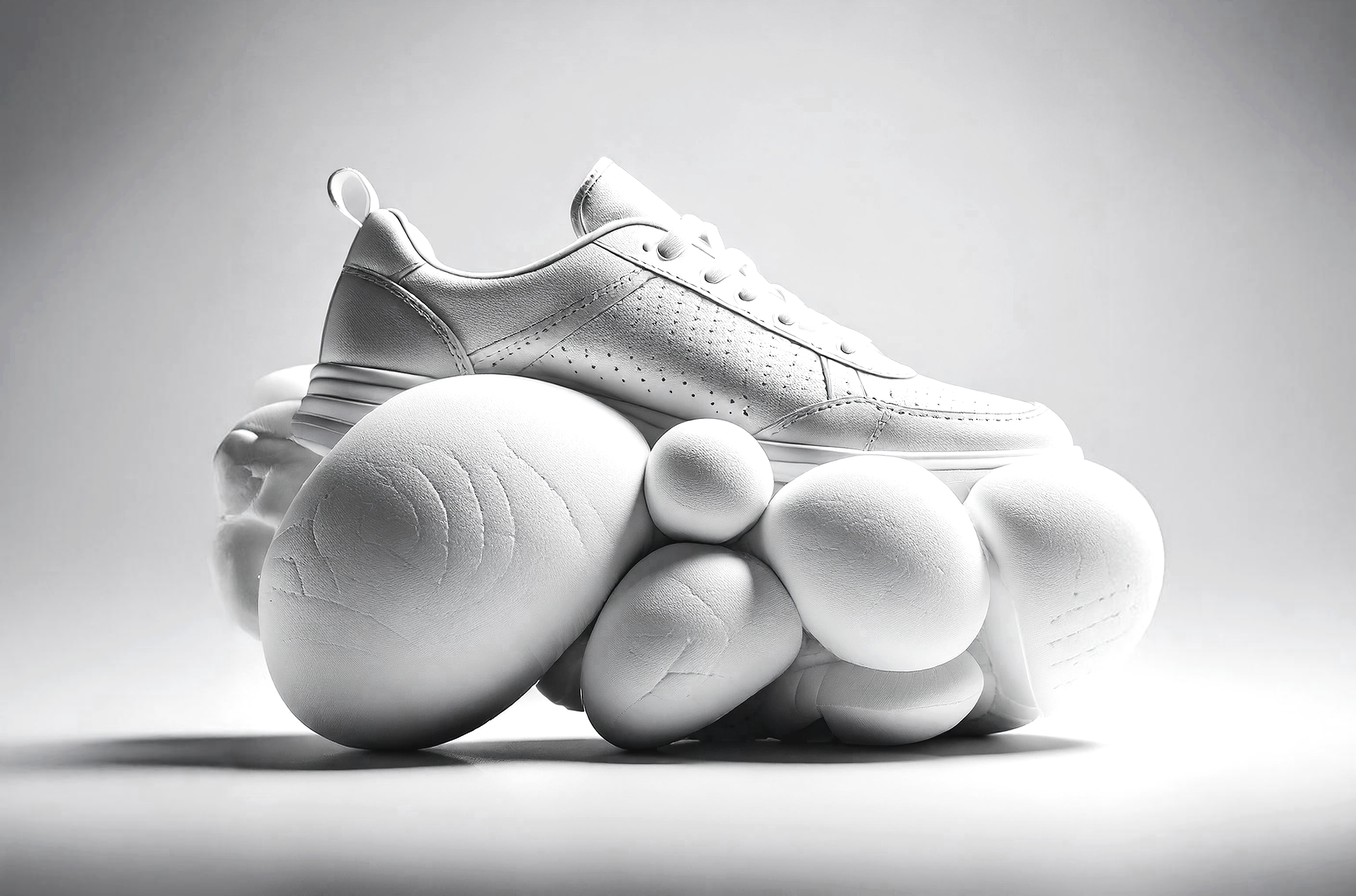 A white sneaker resting on multiple white eggs and spheres, displayed against a plain background.