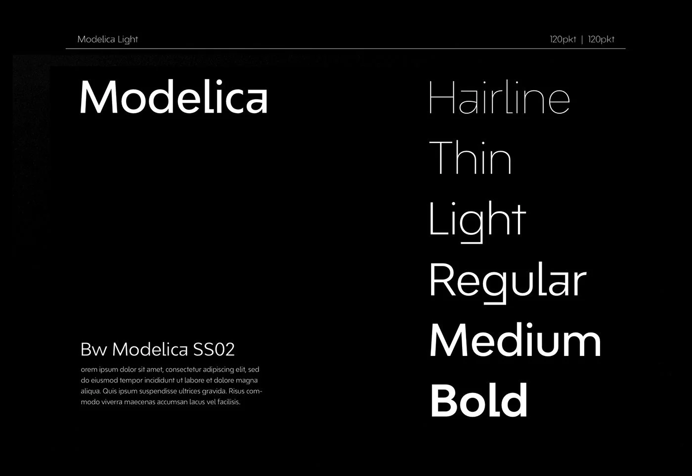 Sample text displaying various font styles and weights on a black background, including names of styles such as Hairline, Thin, Light, Regular, Medium, Bold, with the word 'Modelica' in large font on the left.