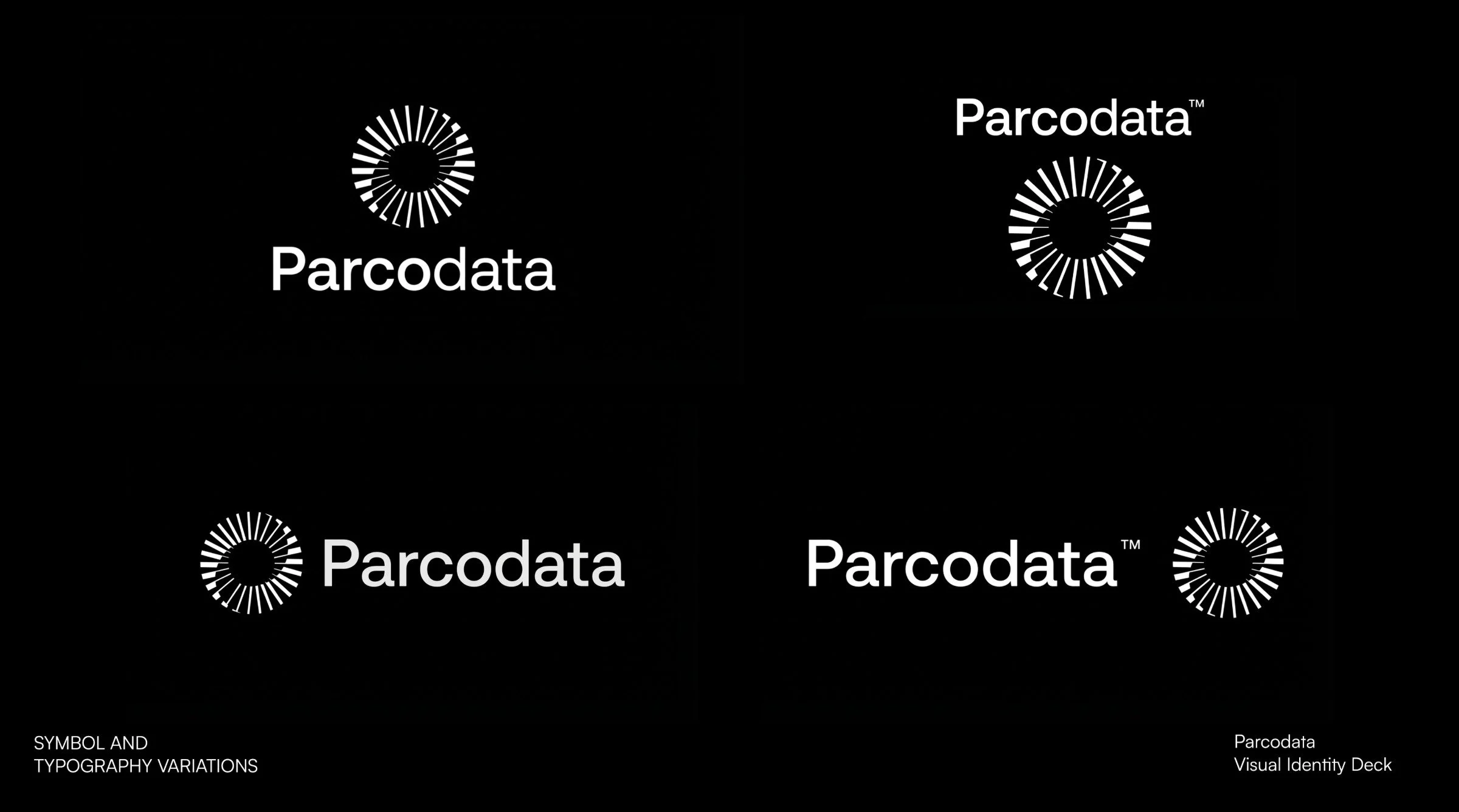 A grid of four black background designs featuring the Parcodata logo, which includes a circular emblem made of white lines, and the word 'Parcodata' in white, with slight typography variations in different sections.