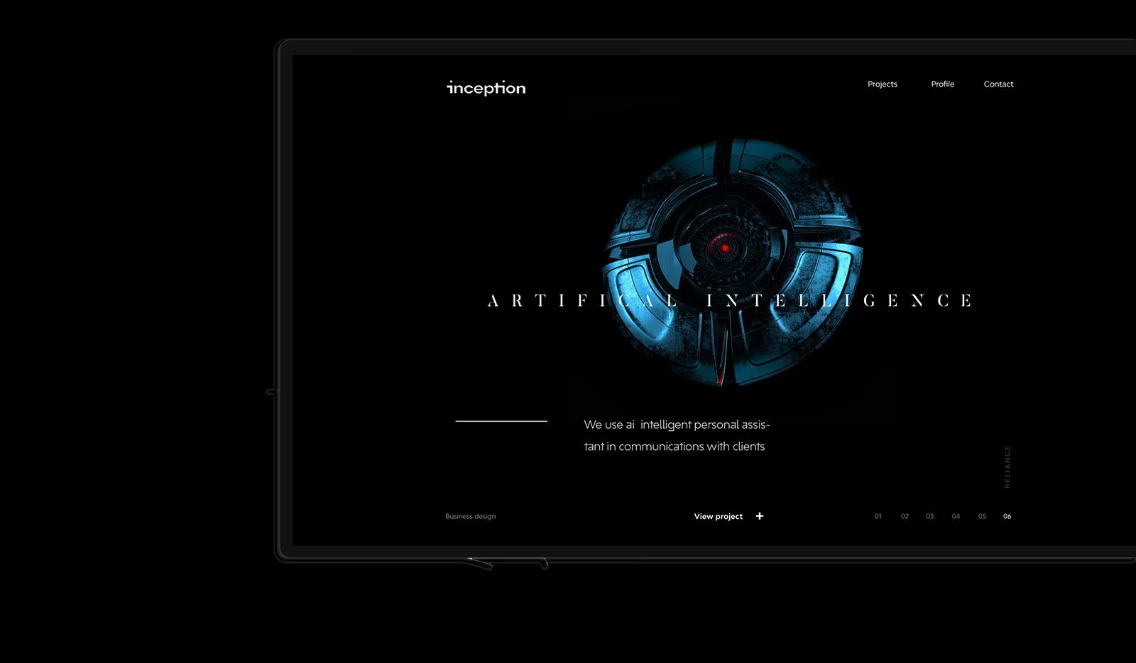 A dark-themed website homepage for a company called 'Inception' with a high-tech, sci-fi design. It features a circular, robotic eye-like graphic with the words 'ARTIFICIAL INTELLIGENCE' and a menu with links to Projects, Profile, and Contact.
