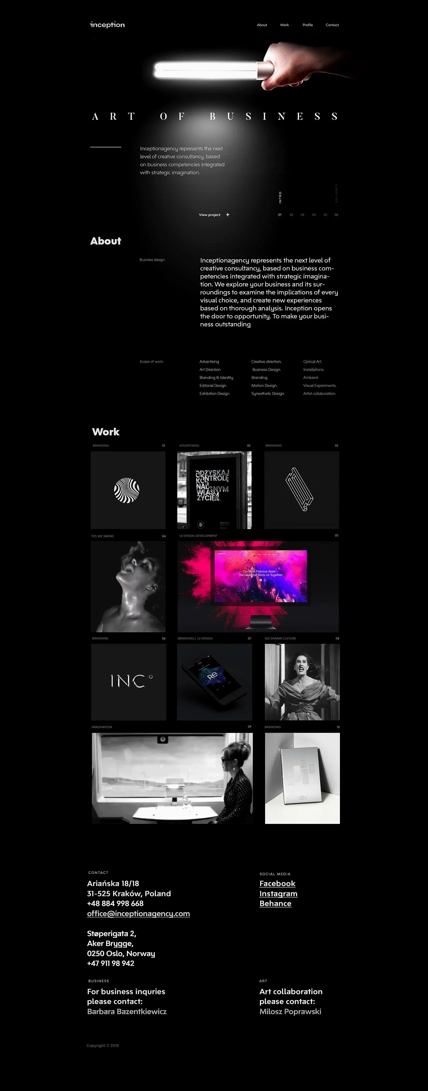 A website homepage for Inception agency showcasing modern digital art and branding projects with a dark background, neon pink and purple accents, and minimalist text. Features sections about work, services, and contact information.