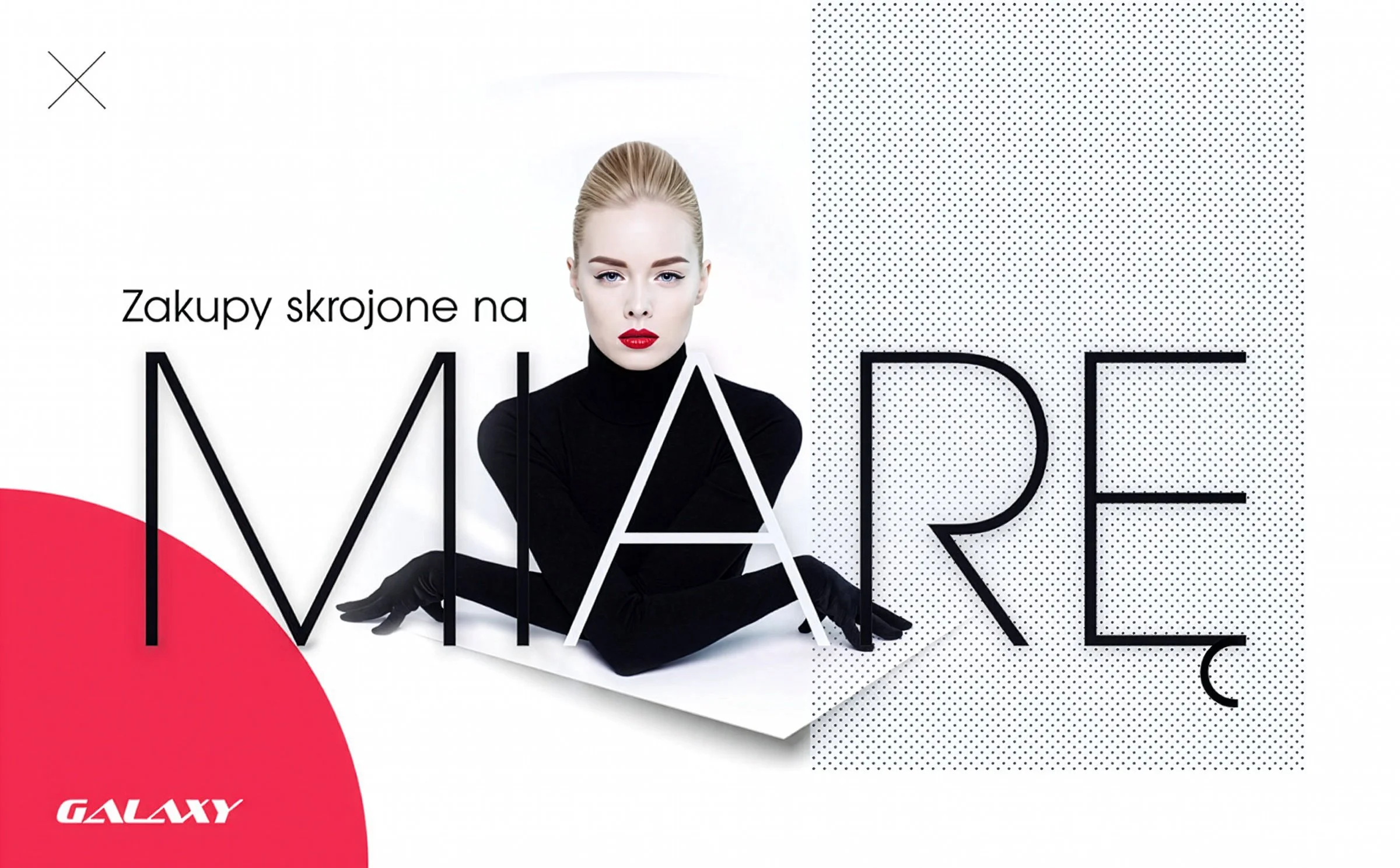 A promotional image featuring a woman with blonde hair in a black turtleneck, sitting with her arms crossed, with text in Polish and English promoting shopping on Galaxy M.