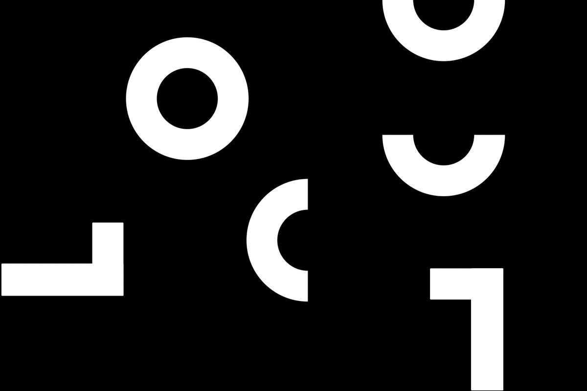Black background with white geometric shapes including circles, semi-circles, and L-shapes arranged in an abstract pattern.