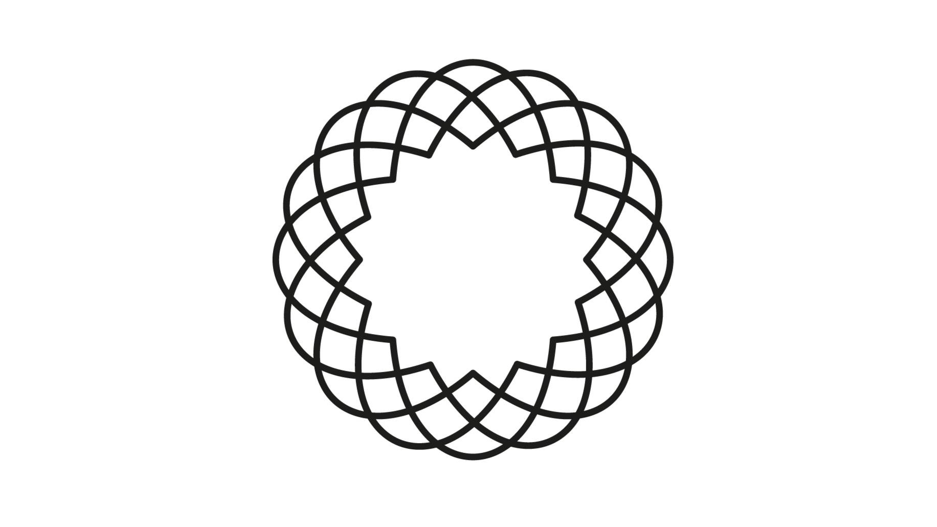 Black geometric pattern forming a circular, flower-like design on a white background.