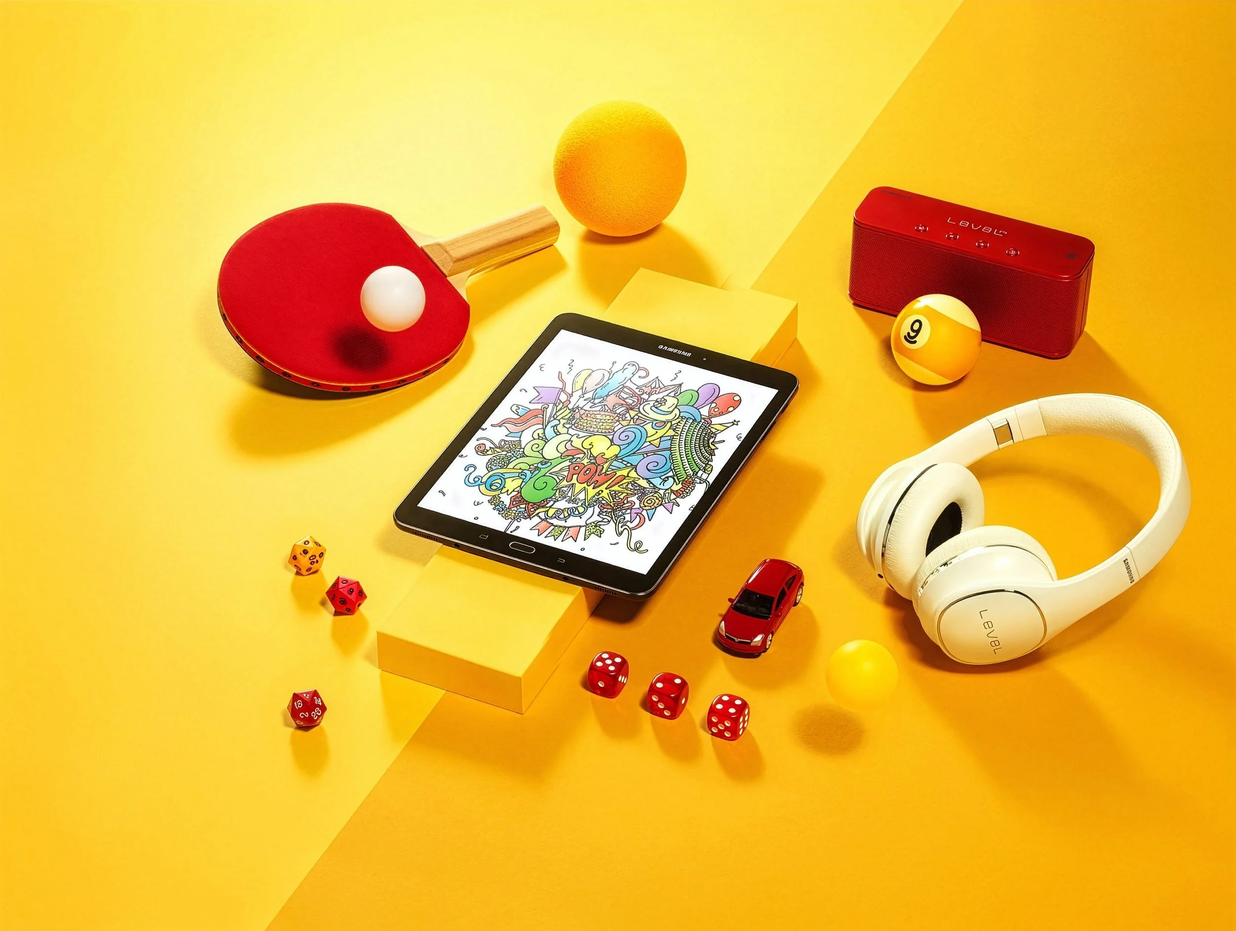 Digital illustration of a ping pong game setup on a yellow background with a red paddle, white ping pong ball, and orange ball, along with a tablet displaying comic art, a red portable speaker, toy cars, dice, headphones, a yellow ball, and a yellow 