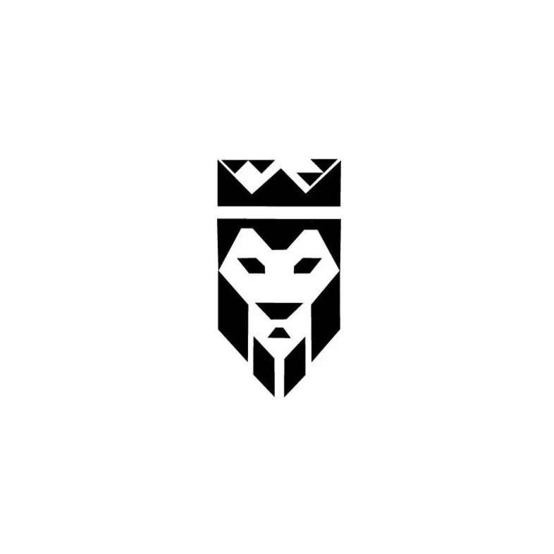 Stylized black and white lion's face with a crown above its head.