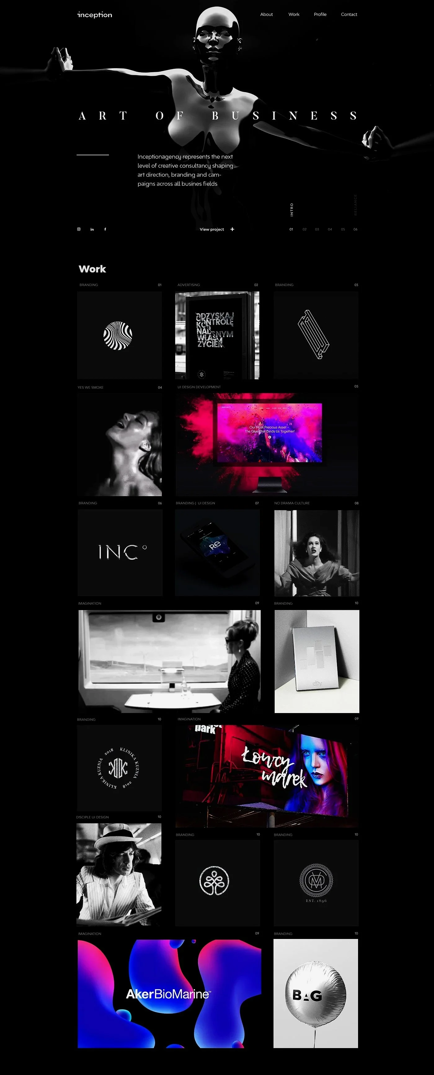 A black and white website homepage featuring a centered, artistic photograph of a person with arms outstretched and a bald head, with menu options for About, Work, Profile, and Contact. The page title is "Art of Business" with descriptive text about a creative consultancy. Below, multiple sections showcase various branding and design projects, including images of digital screens, logos, and photographs of people, all with a dark theme and minimalist style.