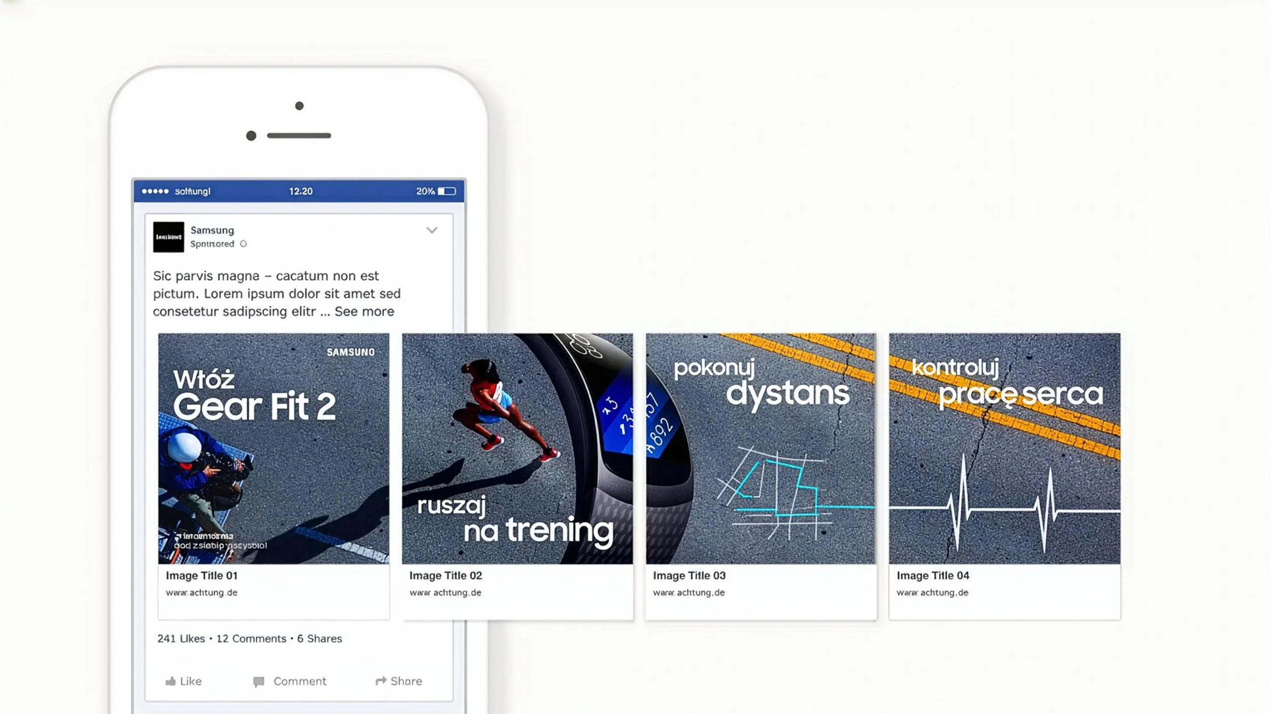 A smartphone screen displaying a social media post with images of a smartwatch, a runner, a map, and a heartbeat graph, with overlaid text in Polish.