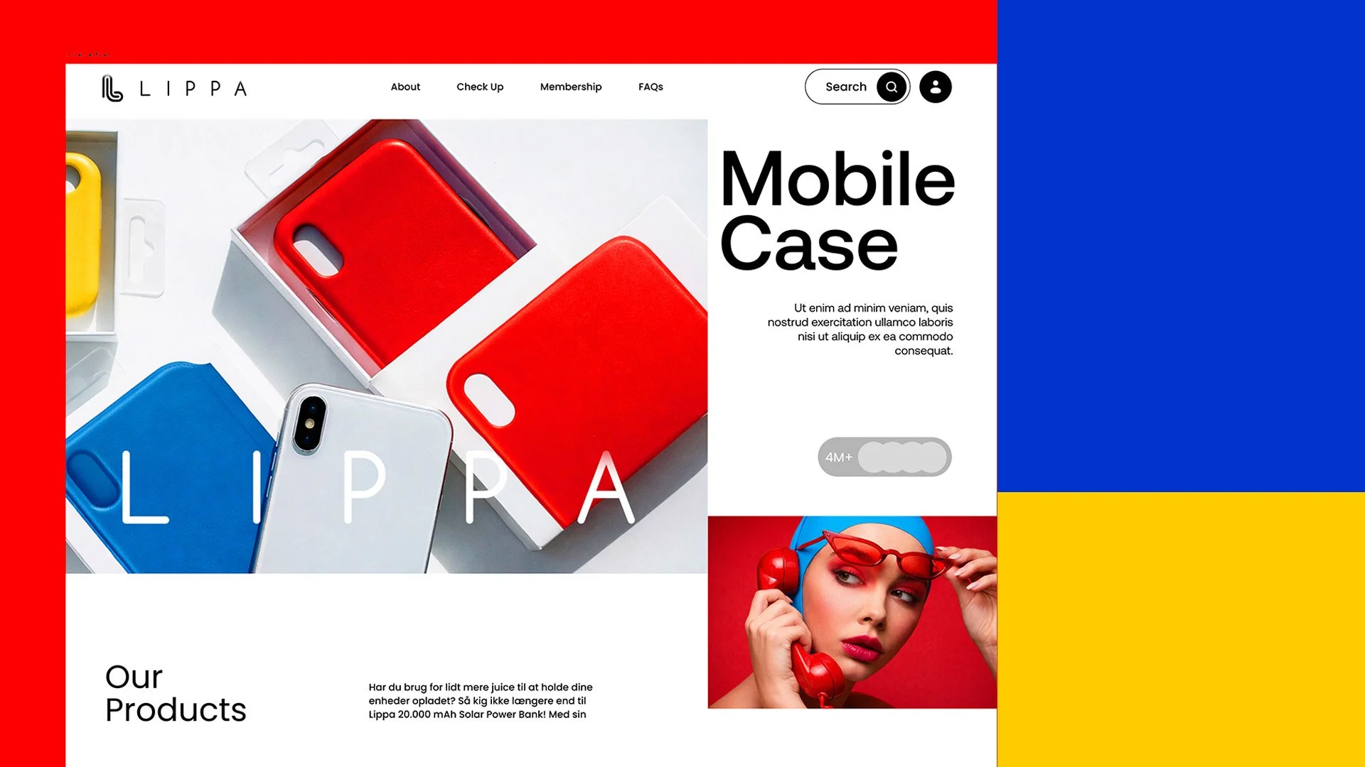 A website homepage displaying colorful mobile phone cases, with sections of red, blue, and yellow background and a woman in red sunglasses holding a red phone.