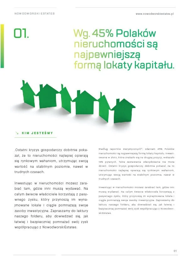 Green paper cutouts of houses forming a row with a graph silhouette on a white background, part of a real estate infographic in Polish.
