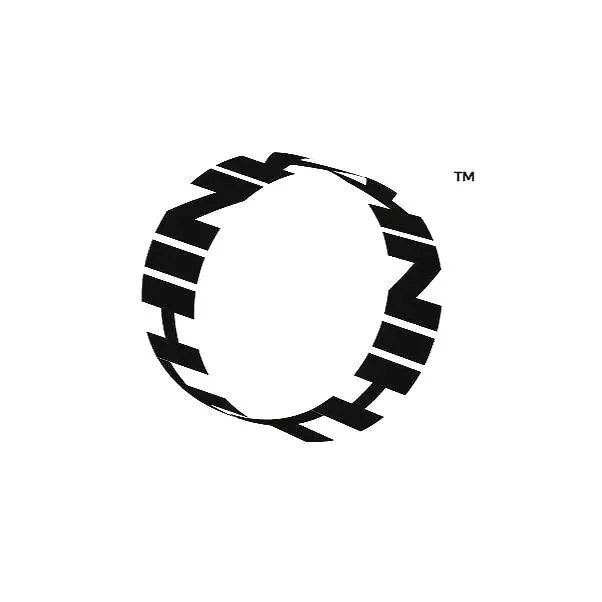 A black circular logo with distorted text forming the shape of a ring on a white background.