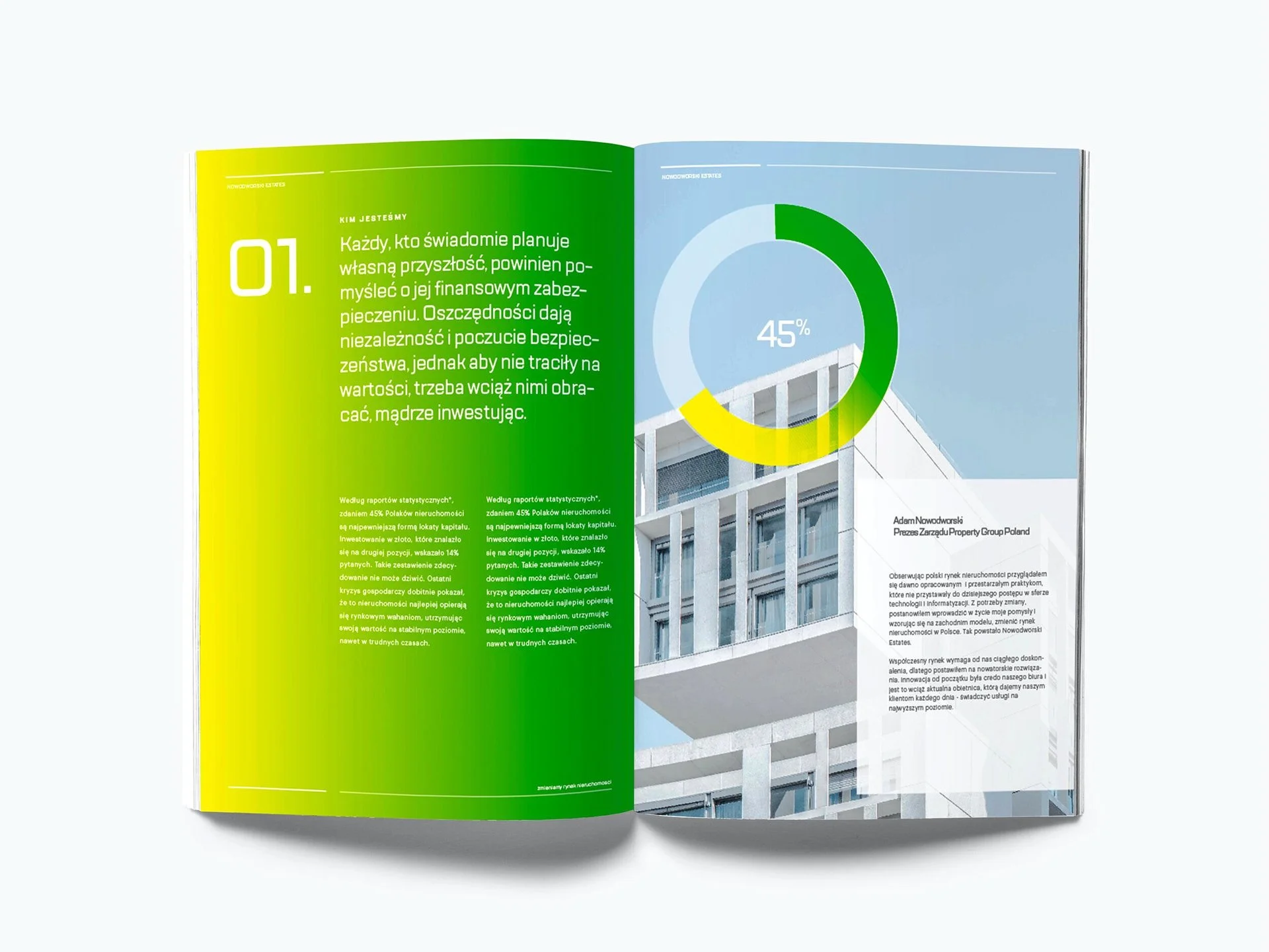 Open magazine showing a green and yellow infographic page on the left, with text in Polish, and a photo of a modern building with a blue sky background on the right.