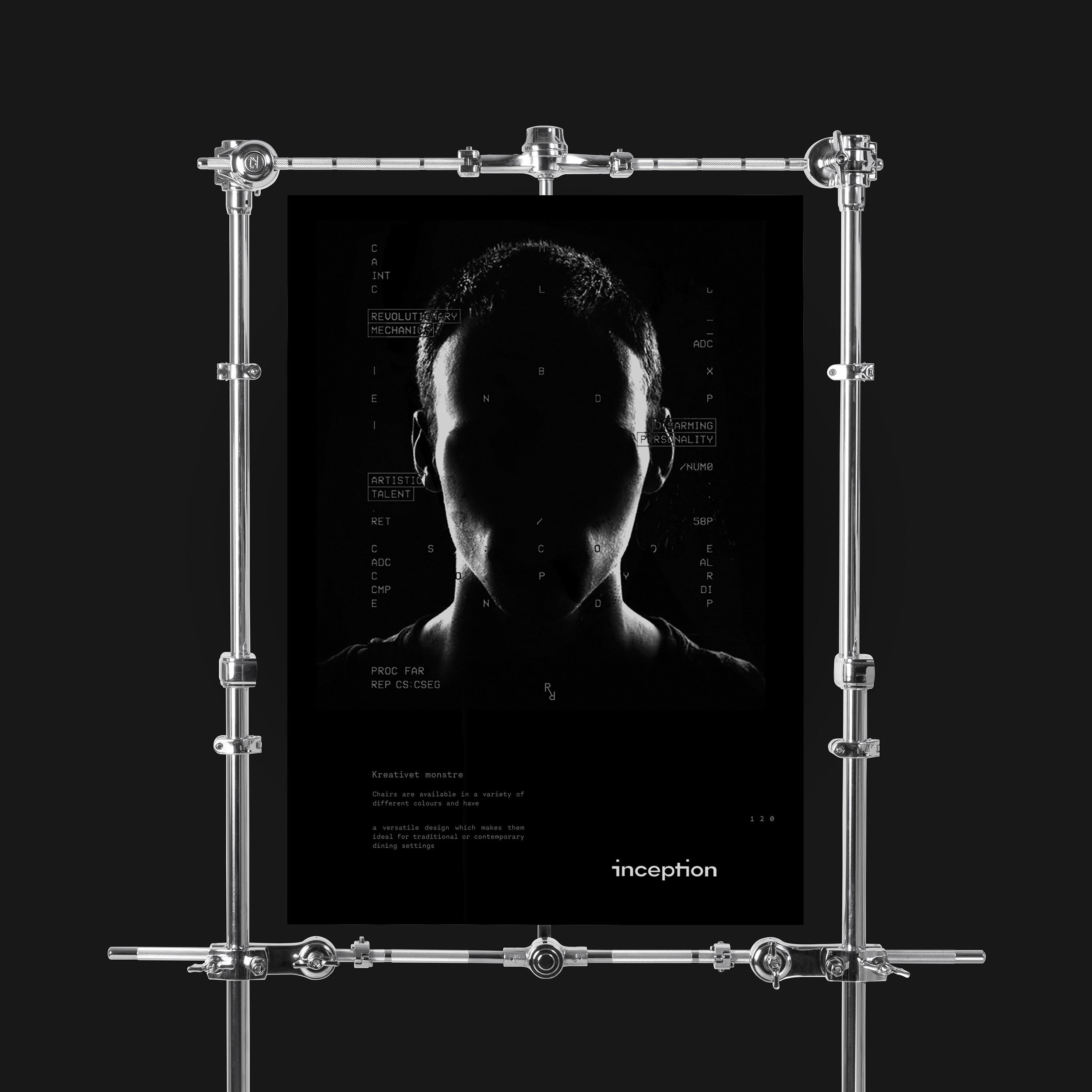 A black and white poster with a robotic figure's silhouette, surrounded by technical and descriptive text, displayed behind a metal scaffold.