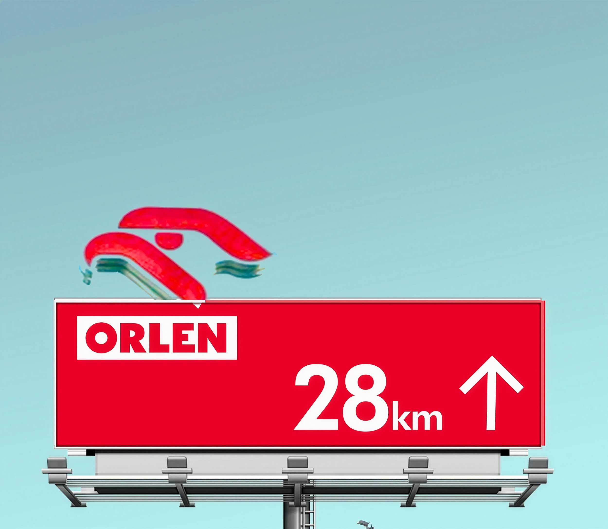 A large red billboard on a highway displaying the words "OPEN" and a speed limit of 20 kilometers per hour with an upward arrow, a red car approaching it, and a clear blue sky in the background.